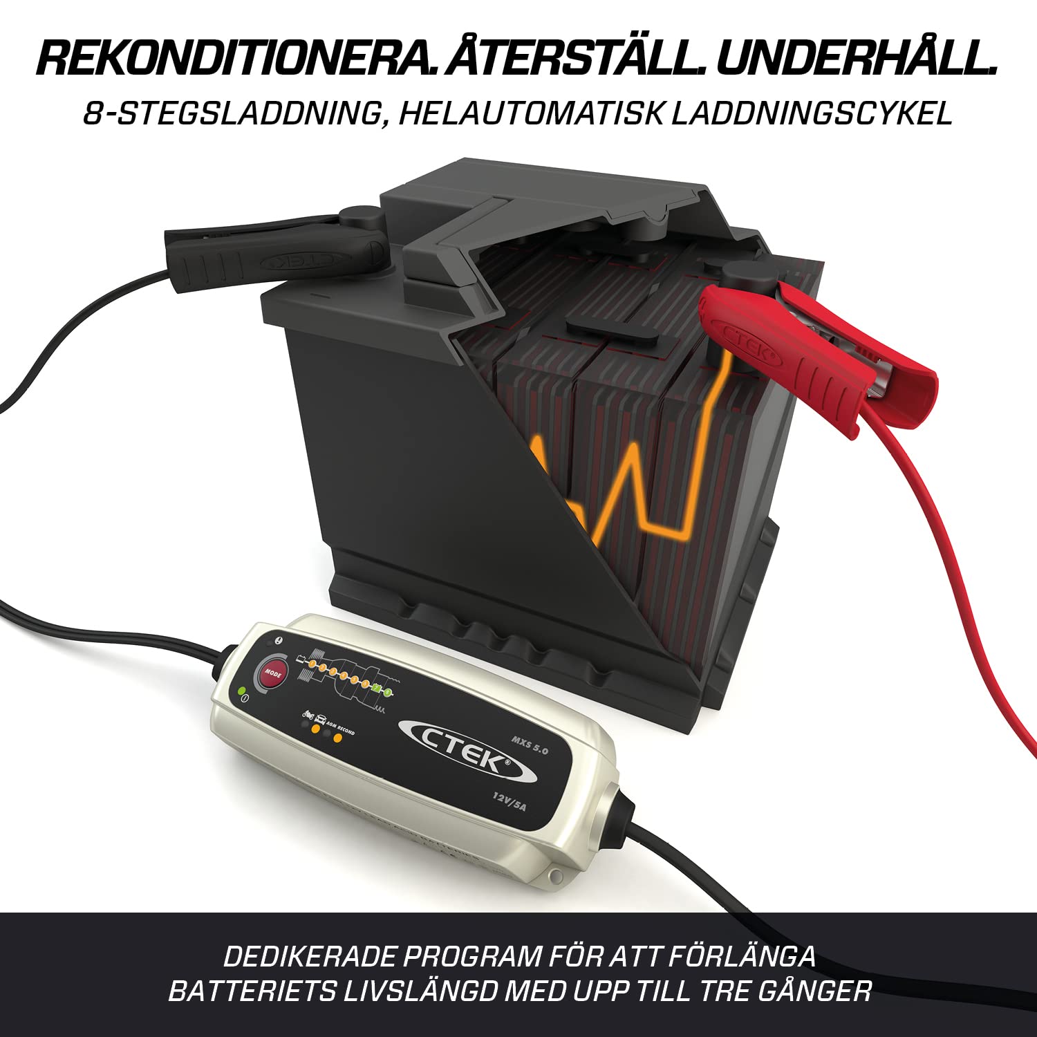 CTEK MXS 5.0, Batteriladdare 12V Med Inbyggd Temperaturkompensation, Motorcykel- Och Billaddare, Smart Batteriladdare, Batterihållare Med Rekonditioneringsläge Och Dedikerat AGM-läge