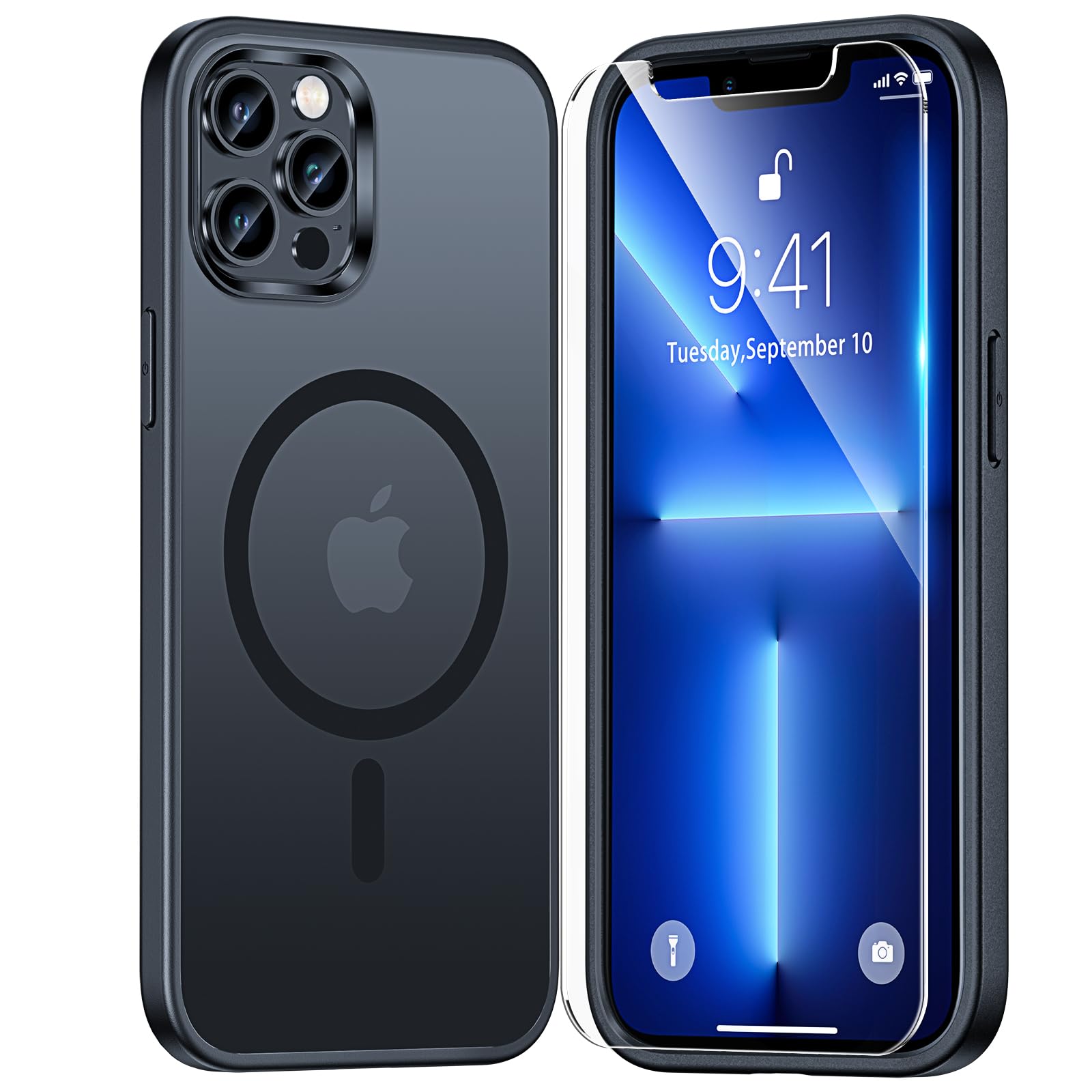 TAURI för iPhone 13 Pro Skal 6.1-Tum med Härdat Glas Skärmskydd, Kompatibelt med MagSafe, Militär kvalitet, [Icke-Gulning] Magnetisk Mobilskal Case - Mattsvart