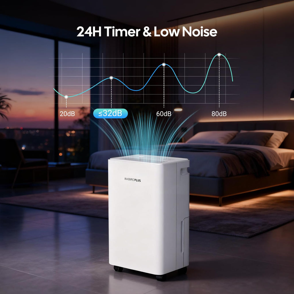 INKBIRDPLUS Hem Avfuktare, 12L/D avfuktning, 1800 ml vattentank med avloppsslang, 3 lägen met automatisk avfrostning, timer och barnlås, luftavfuktare för sovrum, babyrum, garderob, skåp, källaren