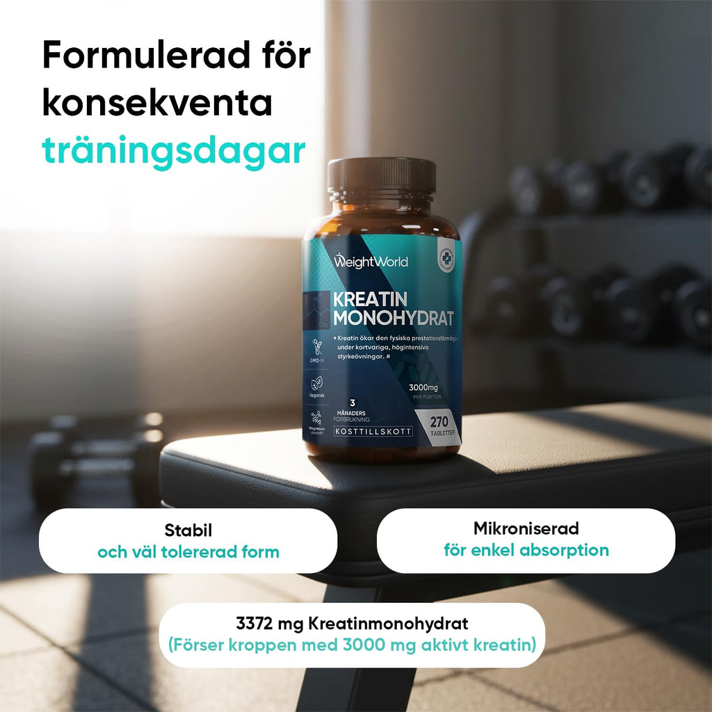 Kreatin Monohydra Tabletter - 3000 mg per portion - 270 veganska kreatintabletter - 3 månaders förbrukning - Alternativ till kapslar och pulver - Fri från gluten och magnesiumstearat - WeightWorld