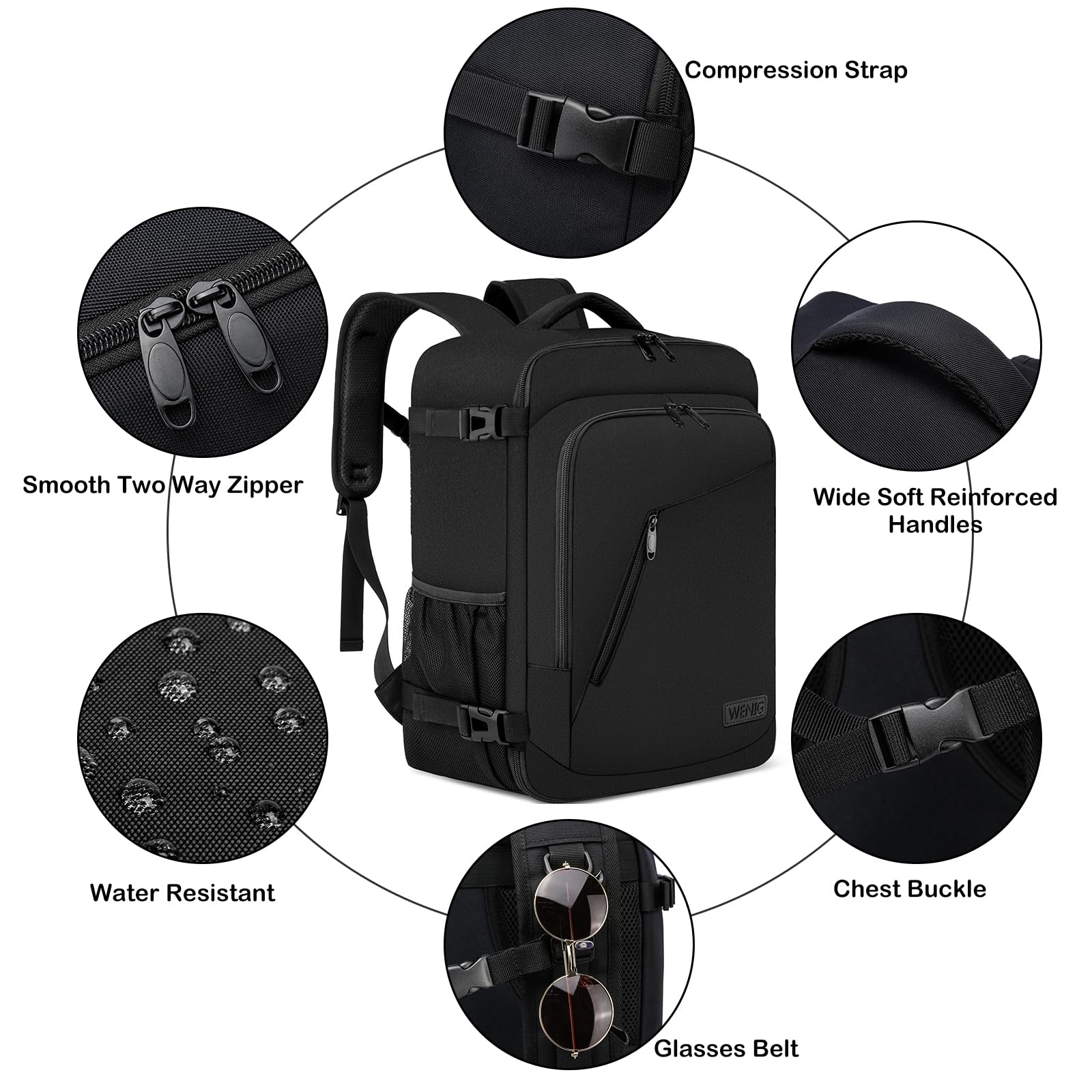 Handbagage Ryggsäck 40x30x20 för Ryanair Wizair Vueling 24L 40x30x20 Ryggsäck för Kabinbagage Under Sätet Reseryggsäck Handbagage med Laptopfack 14 tum Resryggsäck för Flygplan，Svart