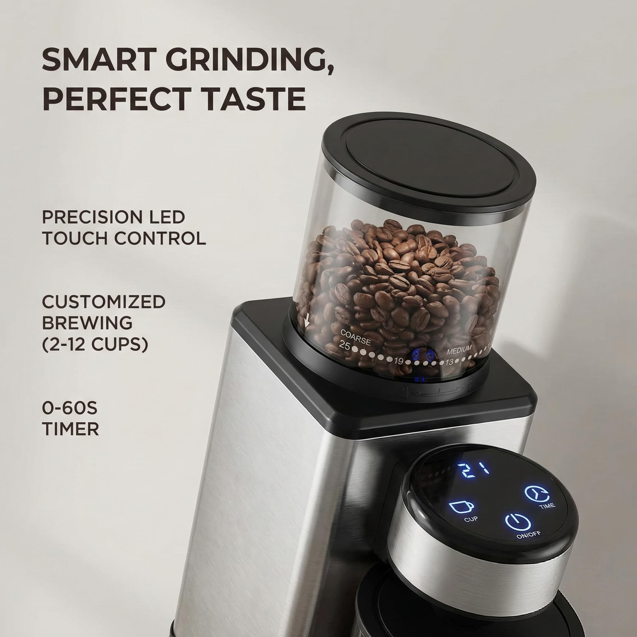Elektrisk kaffekvarn för hemmet, konkvarn i rostfritt stål, 25 malgrader, tyst kaffekvarn för espresso, filterkaffe och mocka