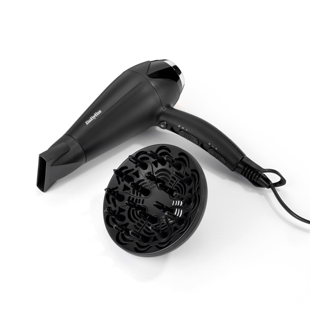 BaByliss Turbo Smooth Hårfön - 2200 W Kraftfull Hårtork, Stor Diffuser, Joniserad Frissfri Styling, 3 Värme- & 2 Hastighetsinställningar, Svart, D572DE