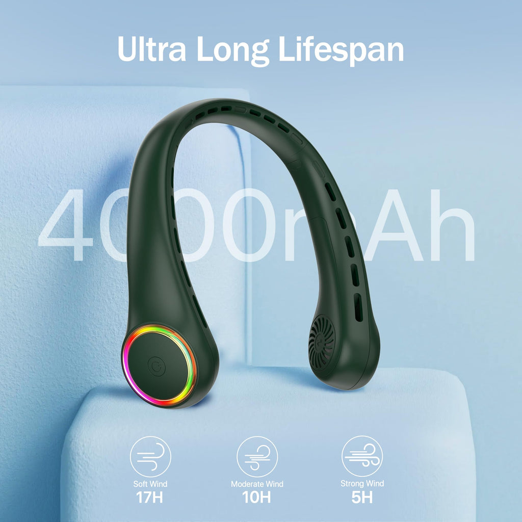 ITSHINY Halsfläkt, bärbar fläkt, mini-USB-fläkt, bladlös fläkt, kraftfull och tyst fläkt med batteri 4 000 mAh 3 hastigheter för utomhusbruk, camping, kontorsrum
