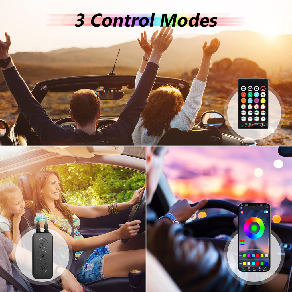 TASMOR Bluetooth-omgivande belysningsbil, RGB-bil Led-interiörbelysning med APP Reglerbar, dimbar vattentät fotbrunnbelysning Autojustering med fjärrkontroll, 12V bil LED-lampor Syn med musik