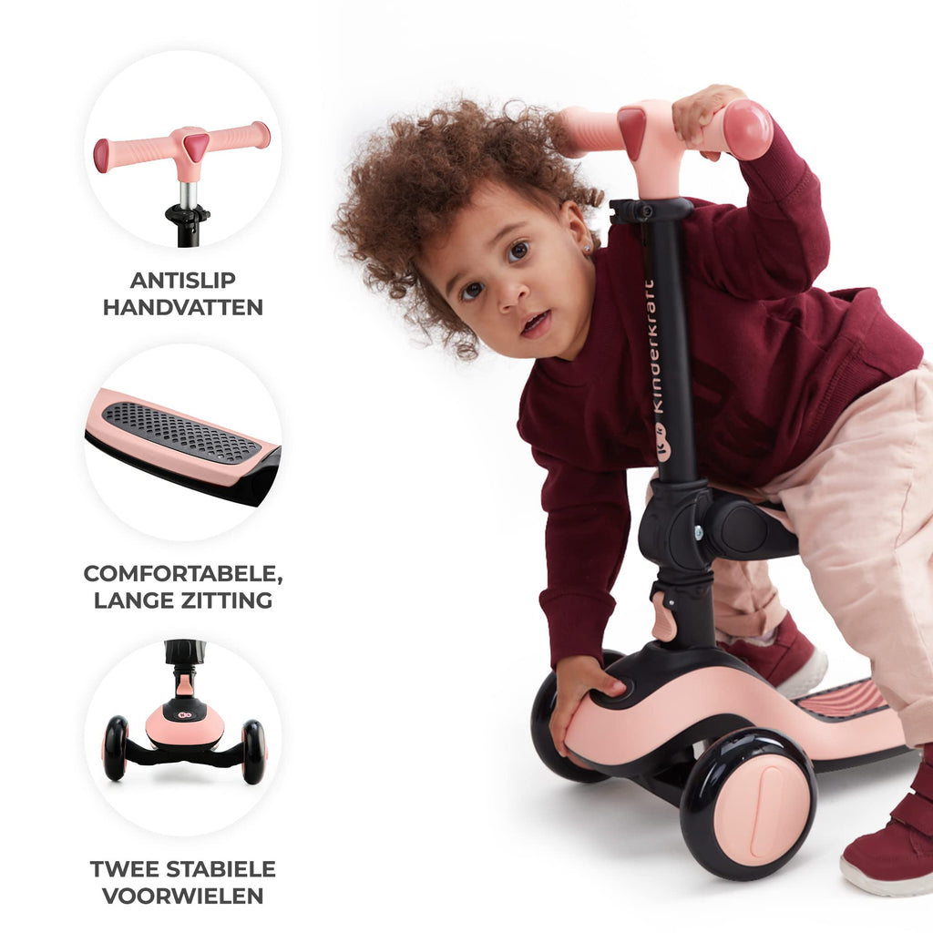 Kinderkraft HALLEY, Sparkcykel 2-i-1, Skoter, Barnskoter, Löpcykel, Trehjulg, Kickbike, Höjdjusterbar, LED Hjul, Modern, Från 2 år till 50 kg, Vit