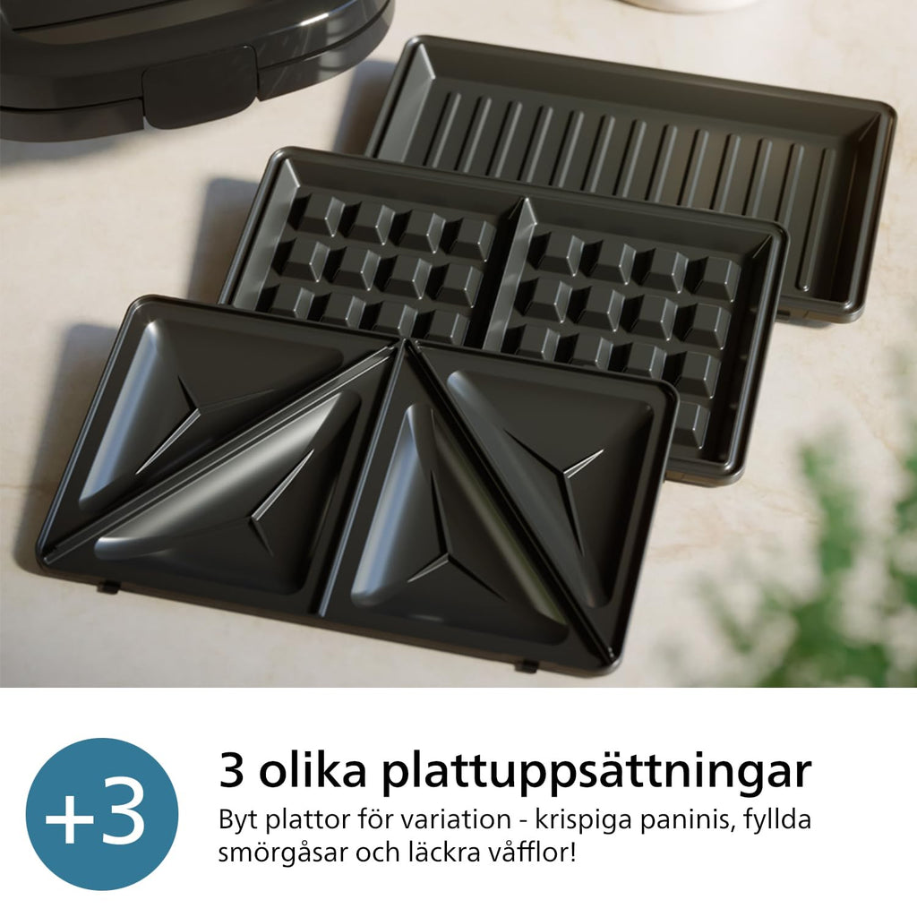 Philips 5000-serien smörgåsmaskin – 3 plattor för paninis, smörgåsar och våfflor. Grillplattor med nonstick. Cut-and-Seal. 750W Effekt. Svart (HD2350/80)