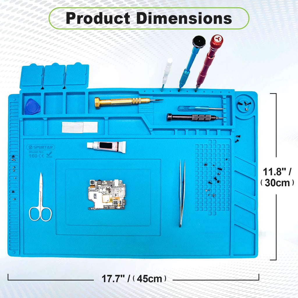 Spurtar Lödmatta, Lödstation, 45 x 30 cm, 500 ℃ Värmebeständig Silikonarbetsmatta, Antistatisk Matta, Mångfunktionell Magnetisk Elektronikreparation, Silikonplatta för Lödning, Svetsning Gör-det-själv