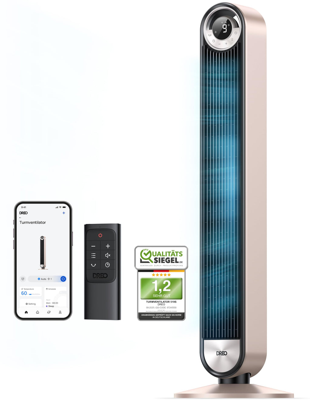 Dreo 25 dB tyst smart tornfläkt, 106 cm höjd 4 lägen 9 hastigheter max 7,9 m/s 12 h timer 90° oscillerande fläkt med fjärrkontroll röststyrning kylning, Cruiser Pro T2S,