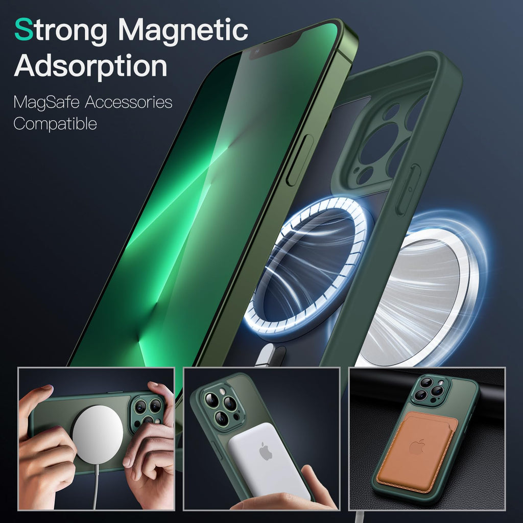 JETech Magnetisk Skal för iPhone 13 Pro Max 6,7 Tums Kompatibelt med MagSafe, Genomlysande Matte Tillbaka med Full Kameralinsskydd Smal Stötsäker Case (Midnattsgrön)