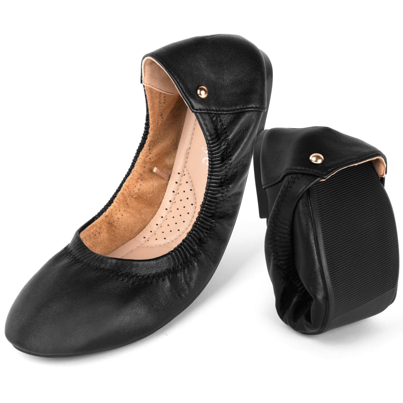 OFFCUP Ballerina för kvinnor, läderballerinor, dam, svarta ballerinor, mjuk, bekväm, enkel, mångsidig, lätt, dämpande och halkfri