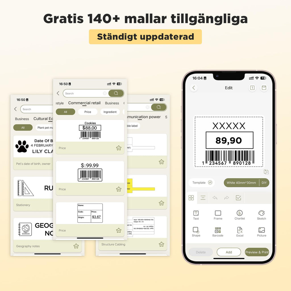 SUPVAN T50M Pro Etikettskrivare Bluetooth Termisk med 3 rullar vattentåliga etiketter, app med 40+ typsnitt och 150+ mallar, kompatibel med smartphone och PC för hem, kontor och skola