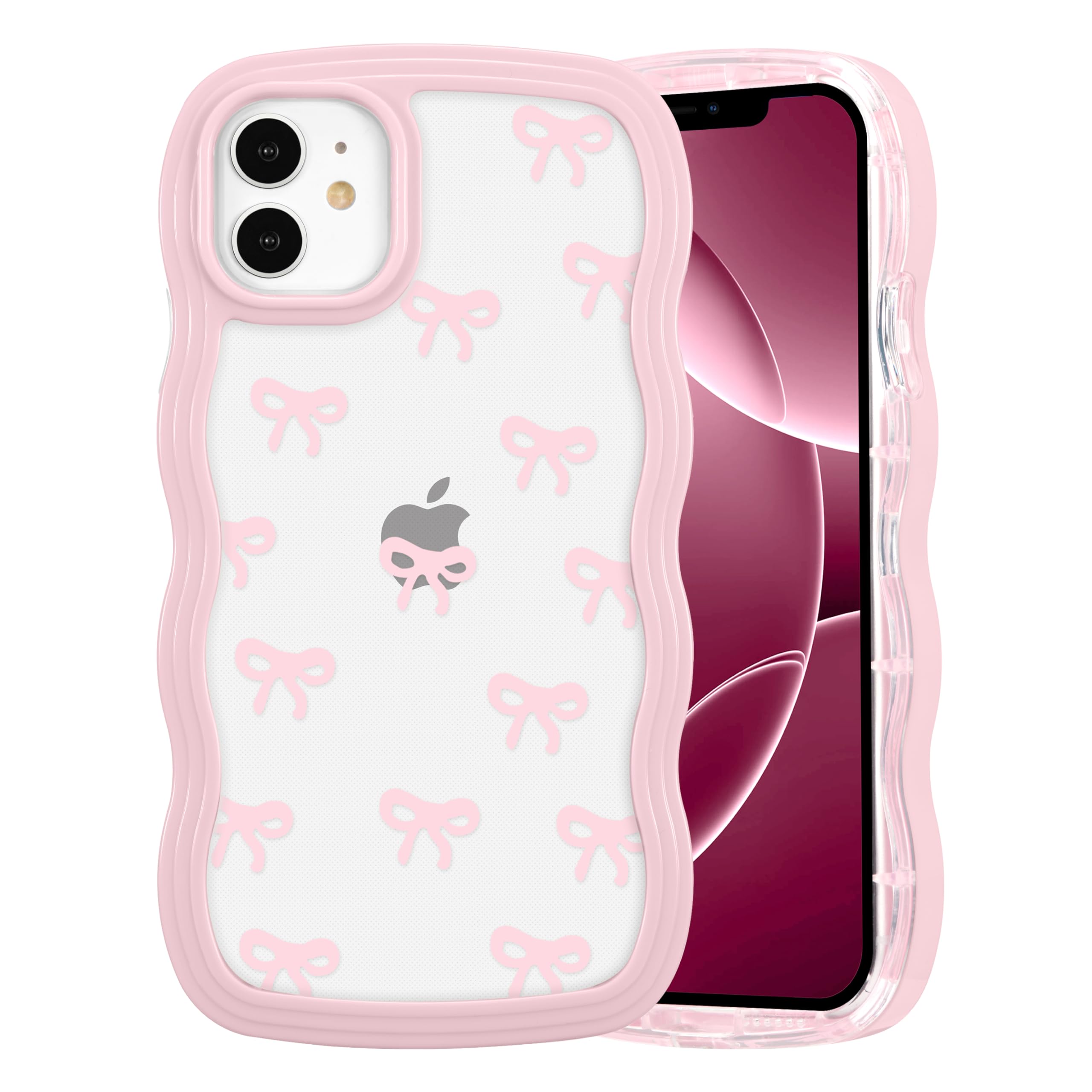 QLTYPRI Rosettfodral för iPhone 11, Klart Qulligt Telefonfodral med Rosett och Lockigt Vagigt, Mjukt TPU Fodral med Stötsäkert Skyddande Skalför Kvinnor Flickor - Rosa