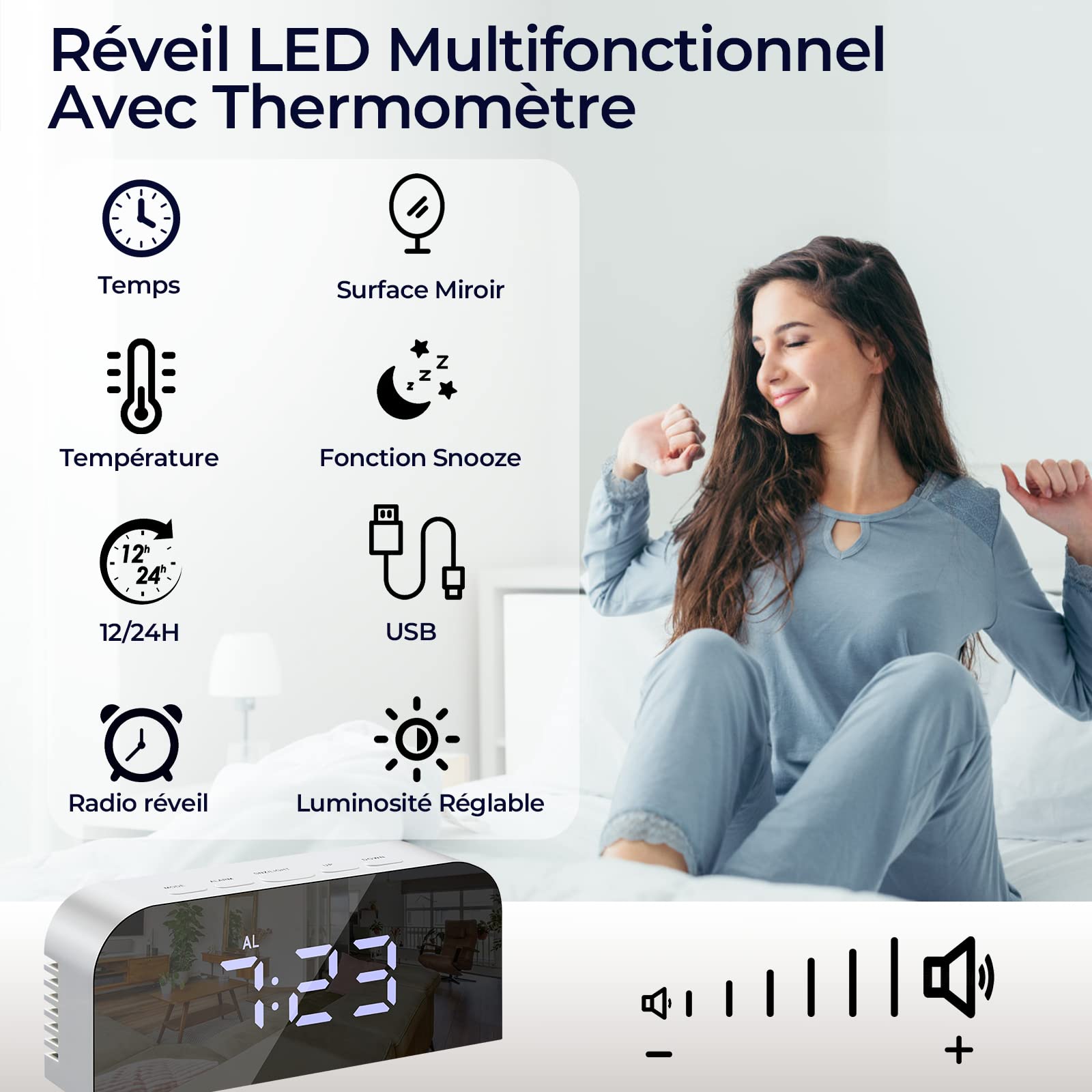 Vinabo Spegel Digital Morgonväckarklocka, LED, Digital Klocka, Säng, 2 Ljusnivåer, 12/24 Timmar, med 2 USB-Laddningsportar, Modern Heminredning Eller Sovrum (Vit)