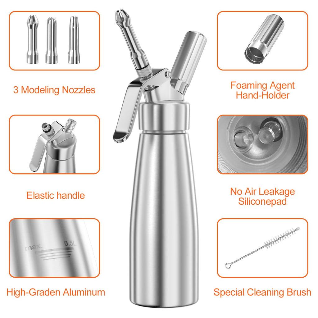 Newaner 500 ml grädddispenser/gräddsifon av aluminium med 3 dekorationsmunstycken av rostfritt stål och 1 rengöringsborste, läckagesäker, för beredning av vispgrädde, kräm, mousse och desserter