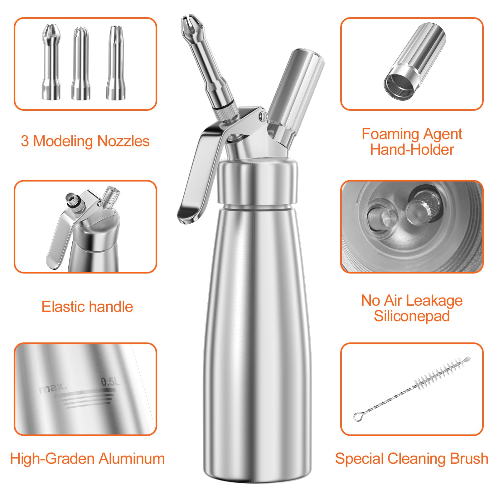 Newaner 500 ml grädddispenser/gräddsifon av aluminium med 3 dekorationsmunstycken av rostfritt stål och 1 rengöringsborste, läckagesäker, för beredning av vispgrädde, kräm, mousse och desserter