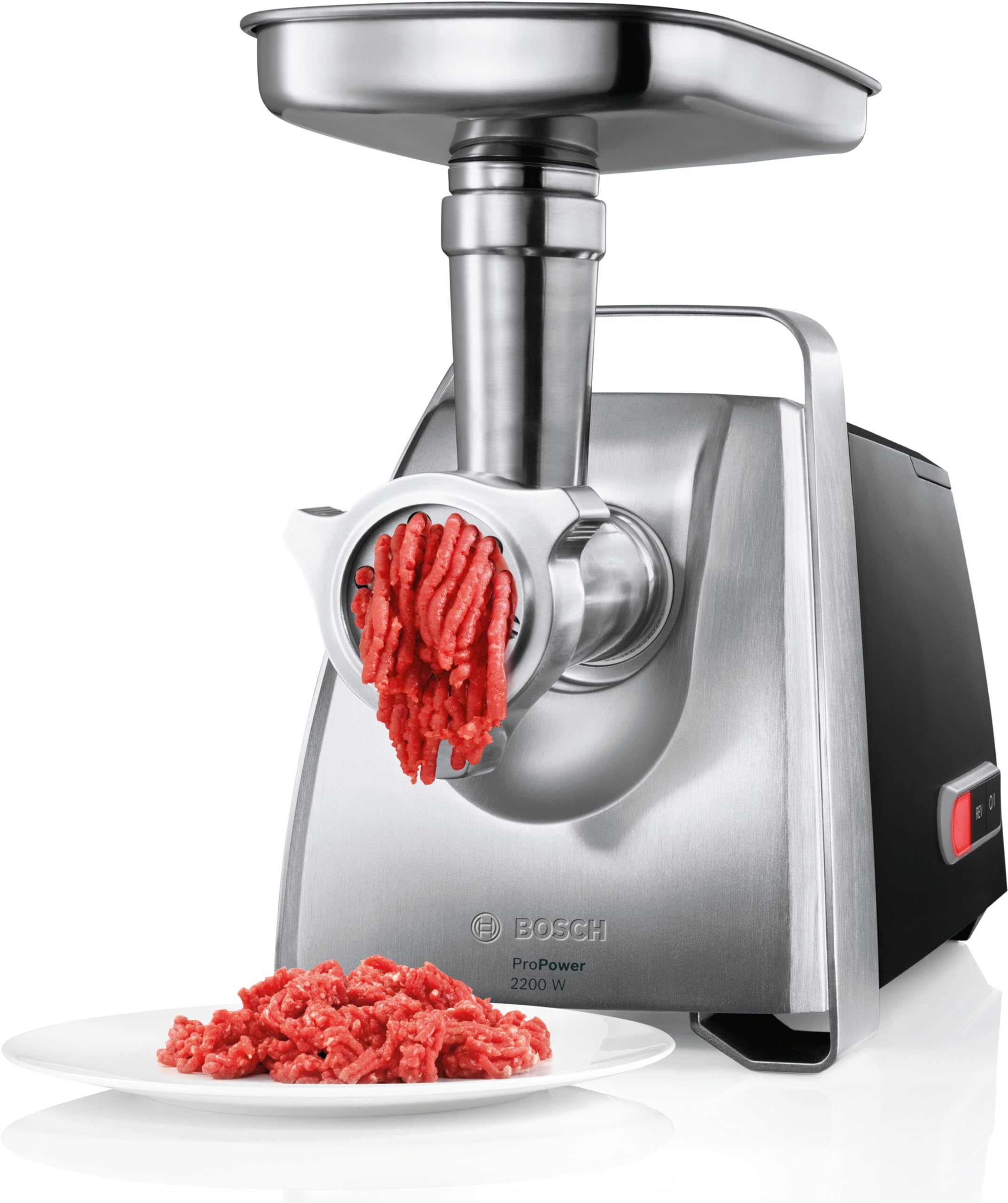 Bosch ProPower 2200W MFW68660 - Extra kraftfull köttkvarn med backningsfunktion, integrerad förvaring och överbelastningsskydd, på stadiga gummifötter, korvhorn ingår, svart