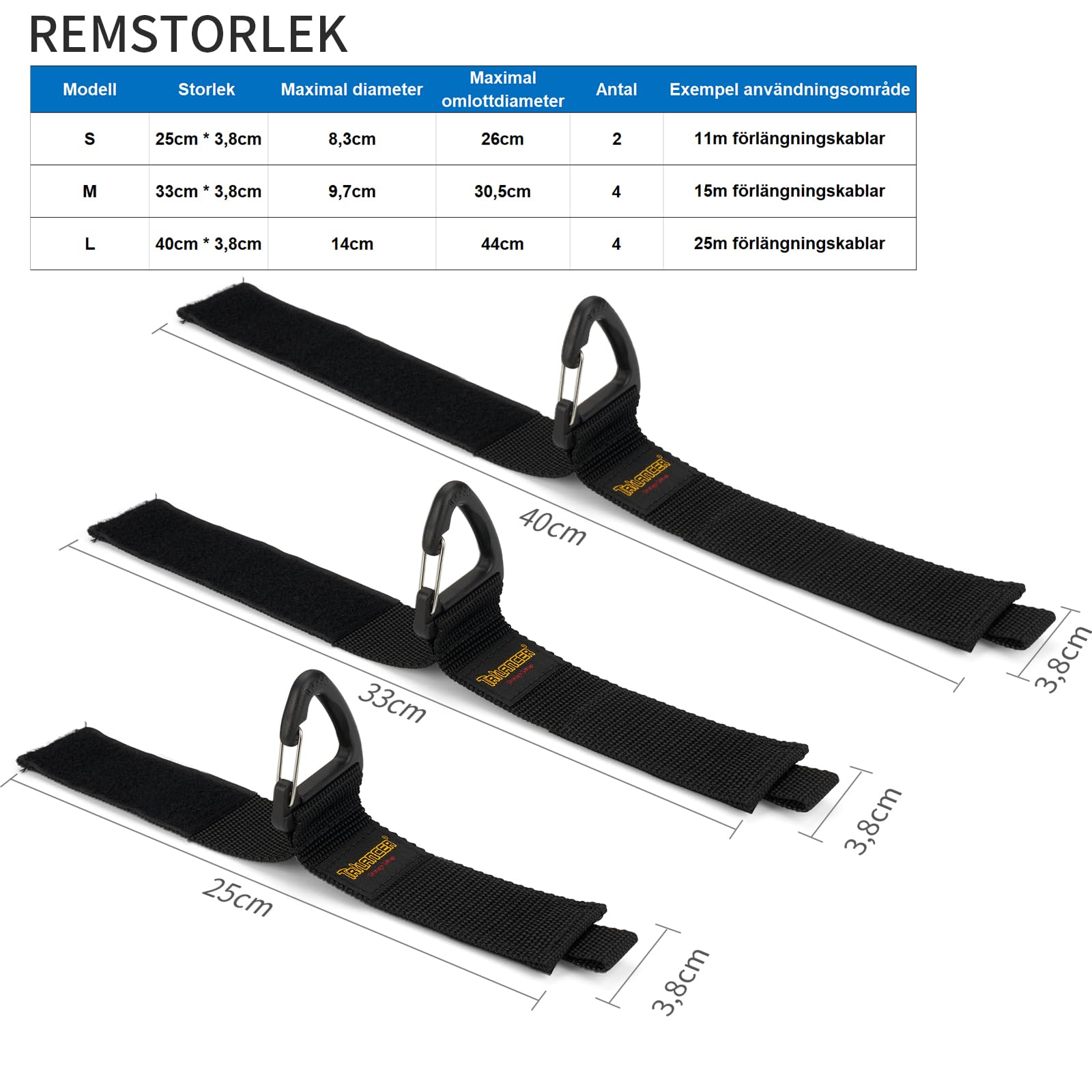Kabelhängare och Kabelorganiserare(10pack),Trilancer Kardborre Rem, Sladdupphängning med Karbinhake att Hänga Väggar för Kablar,Sladdar,Rep,Slangar,Organisation för Hem,Garage eller Verkstad(2S,4M,4L)