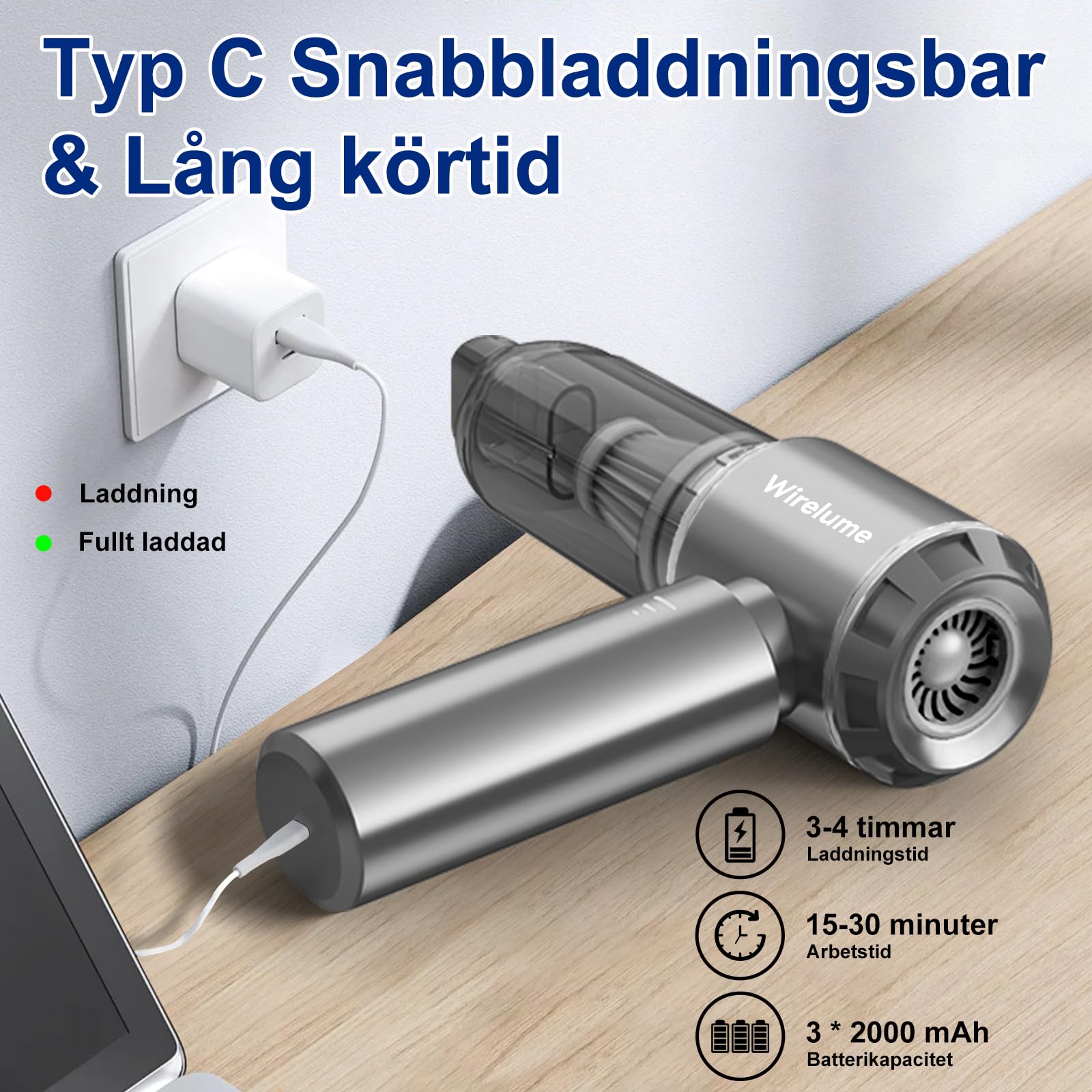 Handdammsugare Sladdlös Kraftfull 22000Pa Stark cyklonisk sugblåsning Borstlös motor Bärbar Uppladdningsbar Lättvikts för bil Husdjurshår Fordon Hemmakontor Mörkgrå