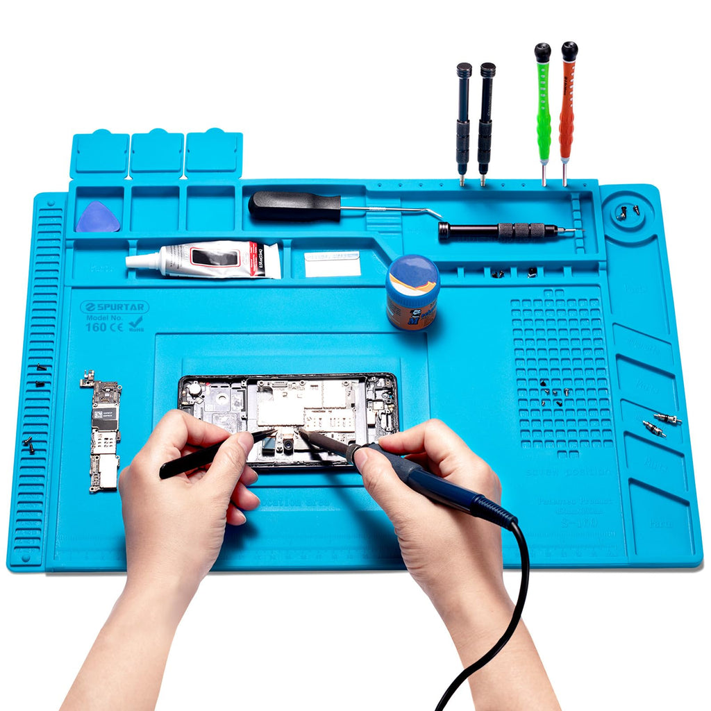 Spurtar Lödmatta, Lödstation, 45 x 30 cm, 500 ℃ Värmebeständig Silikonarbetsmatta, Antistatisk Matta, Mångfunktionell Magnetisk Elektronikreparation, Silikonplatta för Lödning, Svetsning Gör-det-själv