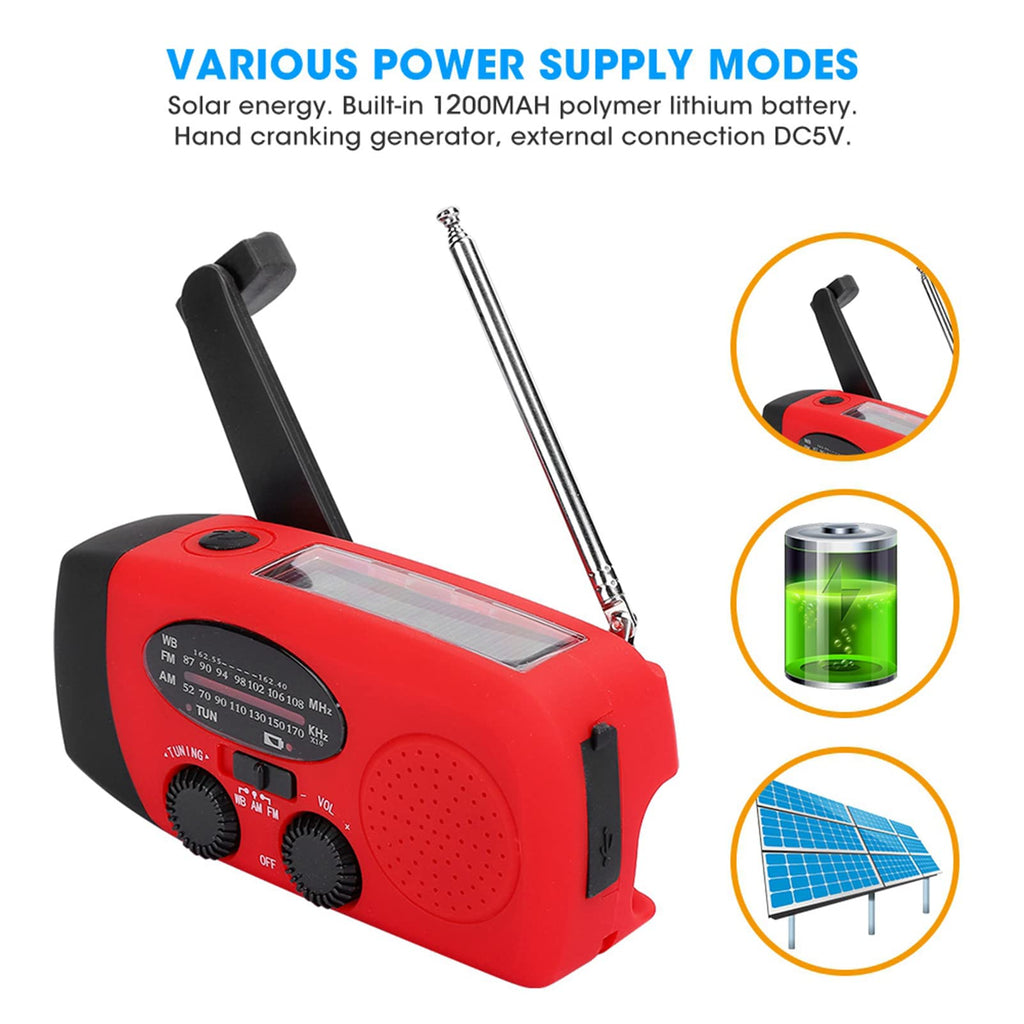 Emergency Solar Hand Crank Radio med AM, FM, NOAA Weather Alert, 1200mAh Power Bank, LED -ficklampa och Telefonladdare, Bärbar överlevnadsutrustning för Utomhuscamping