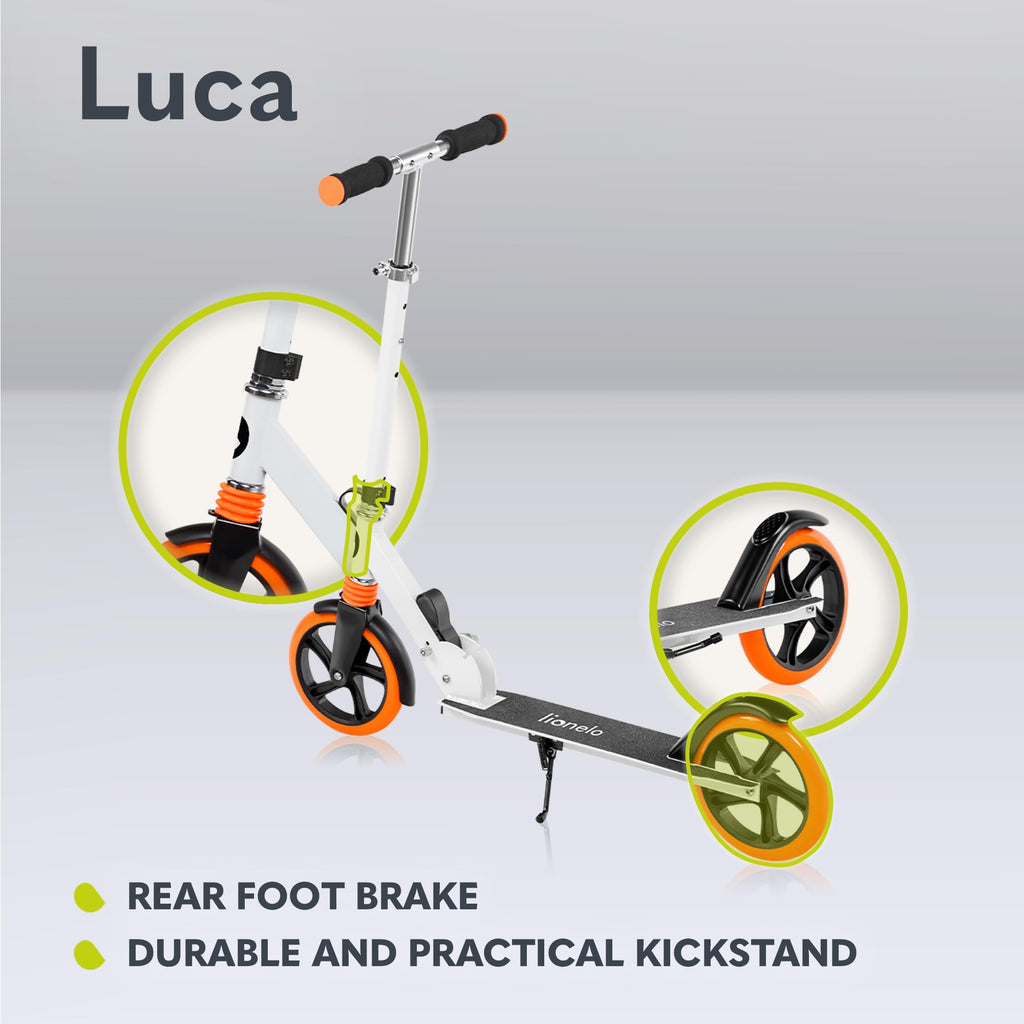 LIONELO Luca Hopfällbar Sparkcykel för Barn (5+), Ungdom & Vuxen, Lätt Aluminium 4,1 kg, Stora 200 mm PU-hjul, ABEC-7-lager, ShockResist dämpare, upp till 100 kg, Justerbart Styre, Fotbroms & Sidostöd