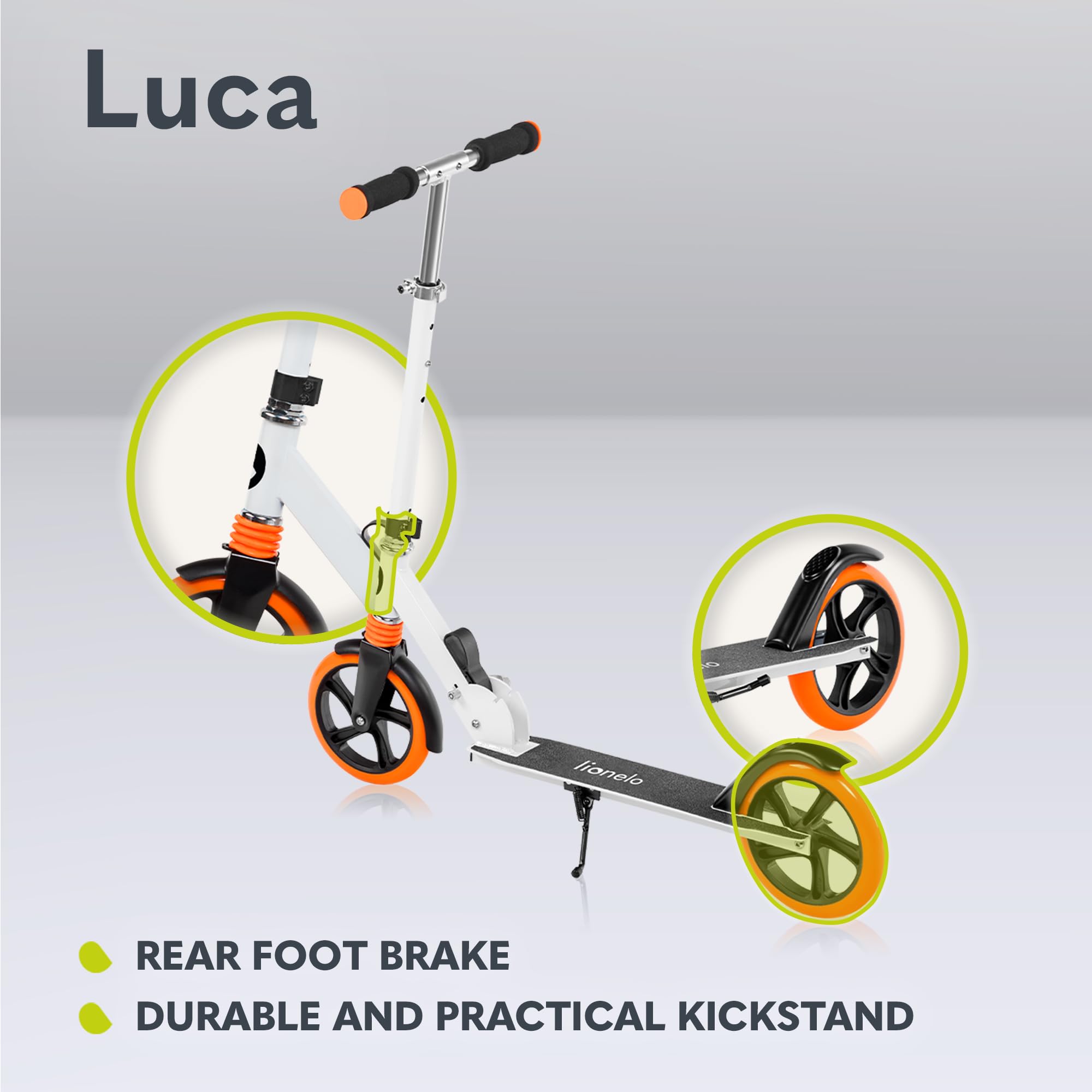 LIONELO Luca Hopfällbar Sparkcykel för Barn (5+), Ungdom & Vuxen, Lätt Aluminium 4,1 kg, Stora 200 mm PU-hjul, ABEC-7-lager, ShockResist dämpare, upp till 100 kg, Justerbart Styre, Fotbroms & Sidostöd
