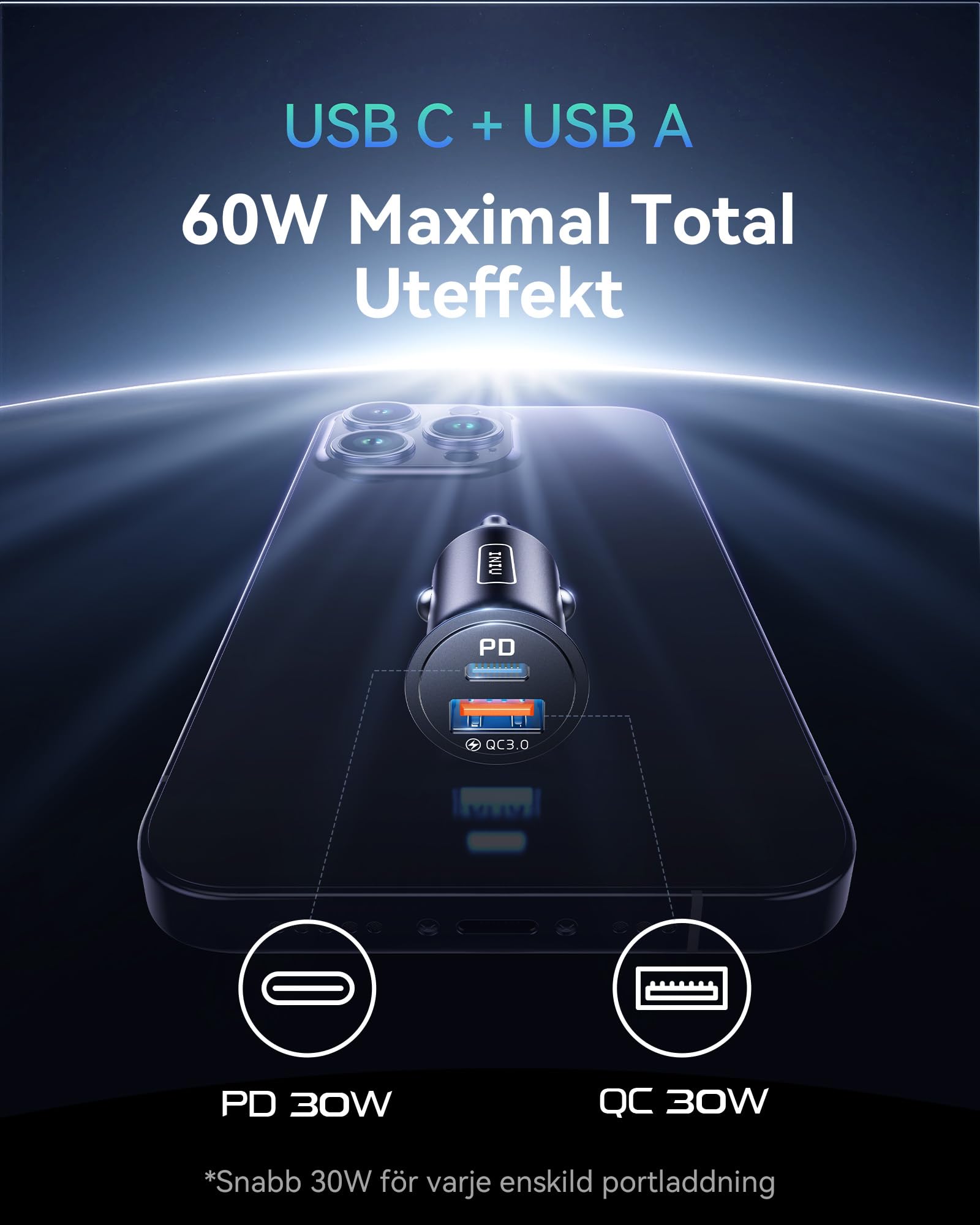 INIU 60W Billaddare [USB C + USB A], PD & QC 3.0 Snabbladdning USB-Adapter, Typ-C Cigarettändare med blå LED-Lampa, Billaddningsadapter för iPhone 17 16 15 14 13 12 iPad Samsung S24 S23 AirPods etc