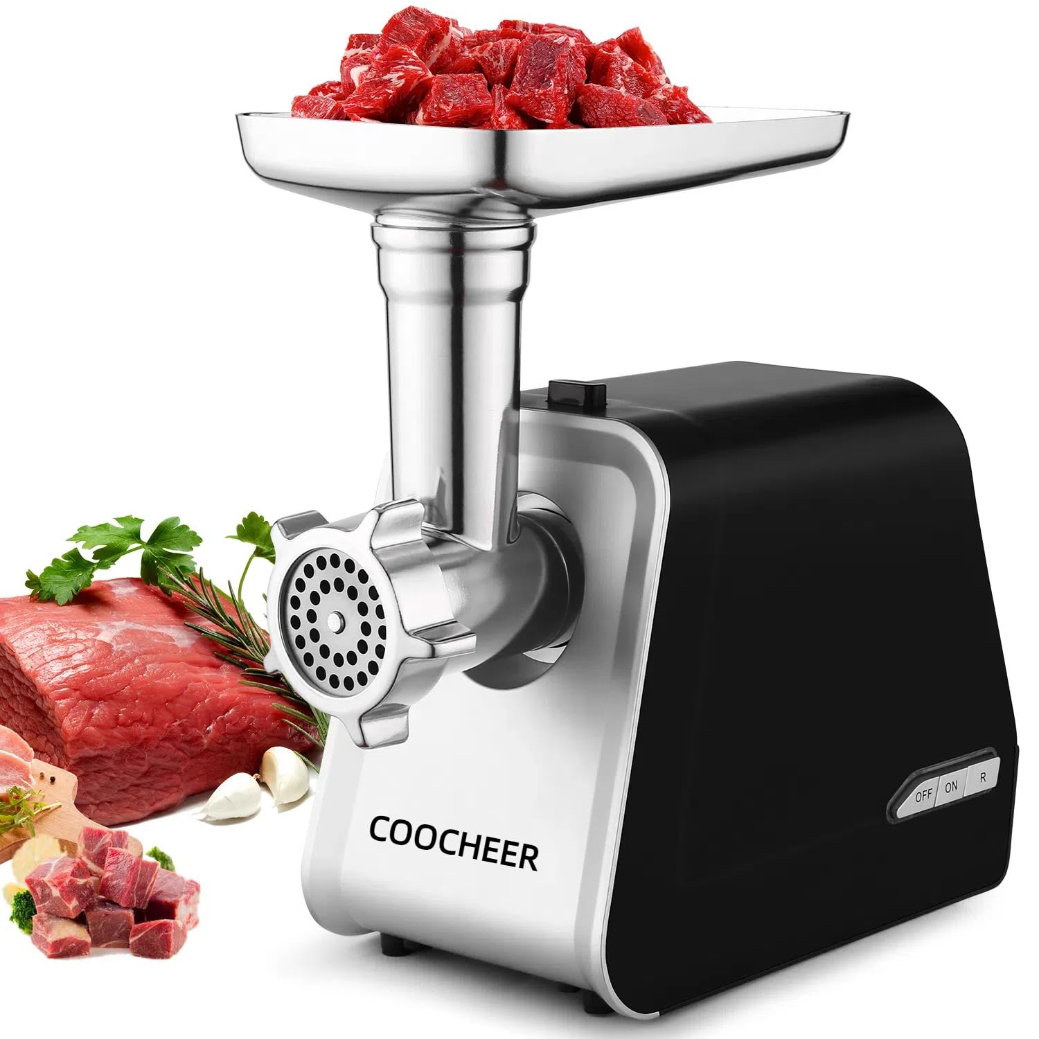 COOCHEER Elektrisk köttkvarn 2 000 W, multifunktionell med 3 slipskivor, korvtillbehör, kötttillbehör, grönsaker, bakverk