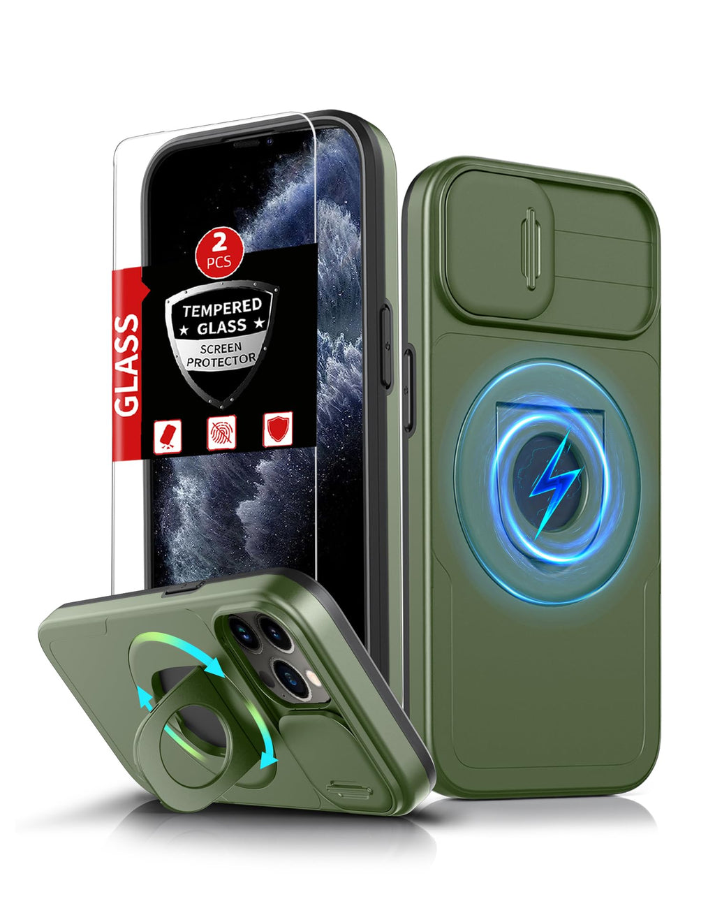 Magnetiskt skal för iPhone 11 Pro,kompatibelt med MagSafe trådlös laddning,med 2 skärmskydd,inbyggt 360° stativ + kameraskydd,reptåligt,stötsäkert,kraftigt skydd,Robust och hållbar,Grönt