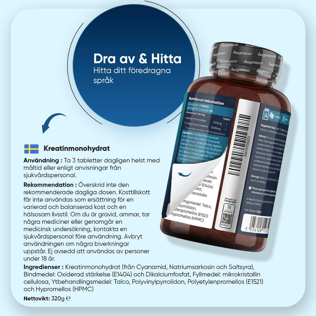 Kreatin Monohydra Tabletter - 3000 mg per portion - 270 veganska kreatintabletter - 3 månaders förbrukning - Alternativ till kapslar och pulver - Fri från gluten och magnesiumstearat - WeightWorld