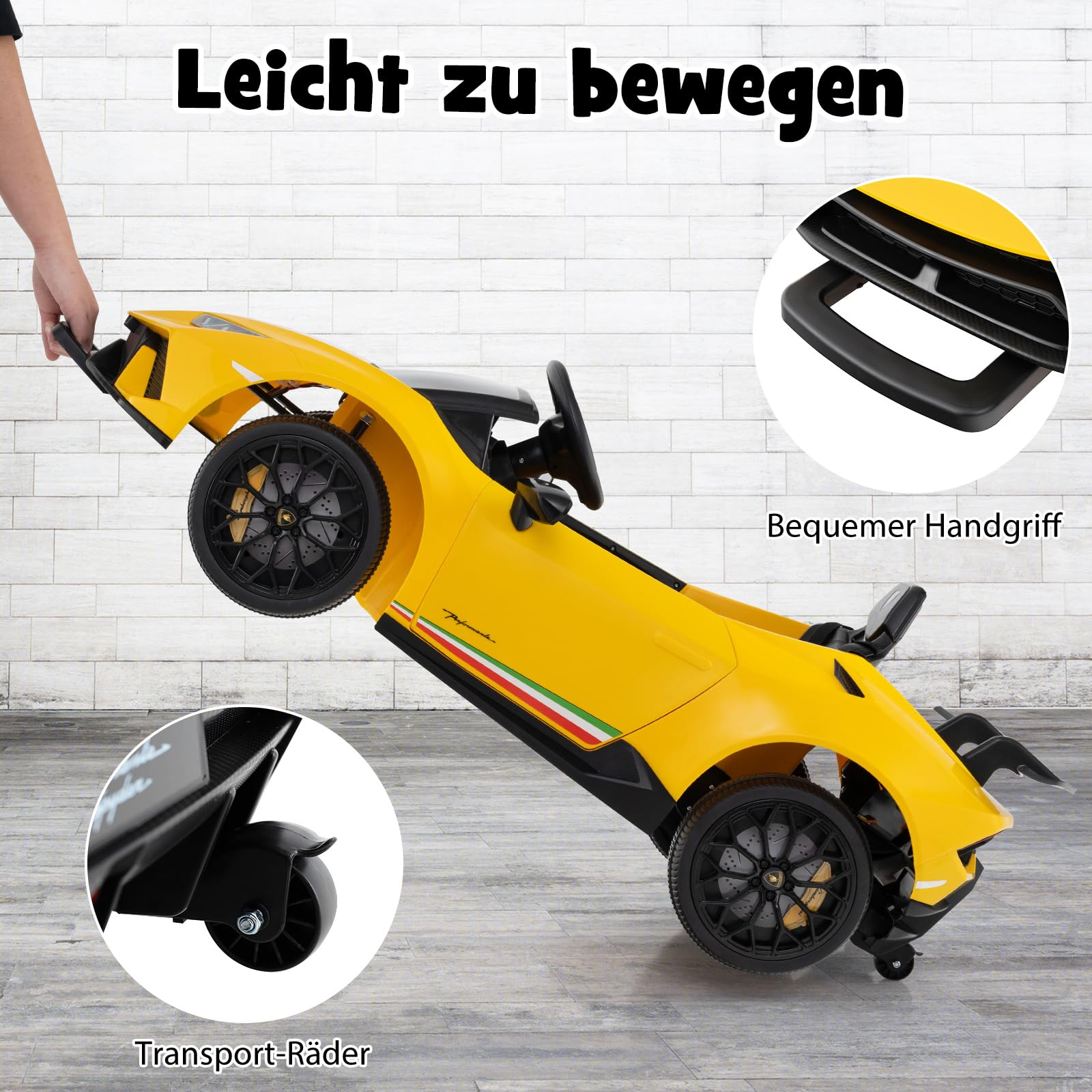 COSTWAY Elektrisk bil Lamborghini, 12 V elektrisk barnbil med fjärrkontroll och LED-lampor och tuta och musik och USB, 3-växlad elfordon 3–5 km/h, elbil för barn från 3 år (gul)