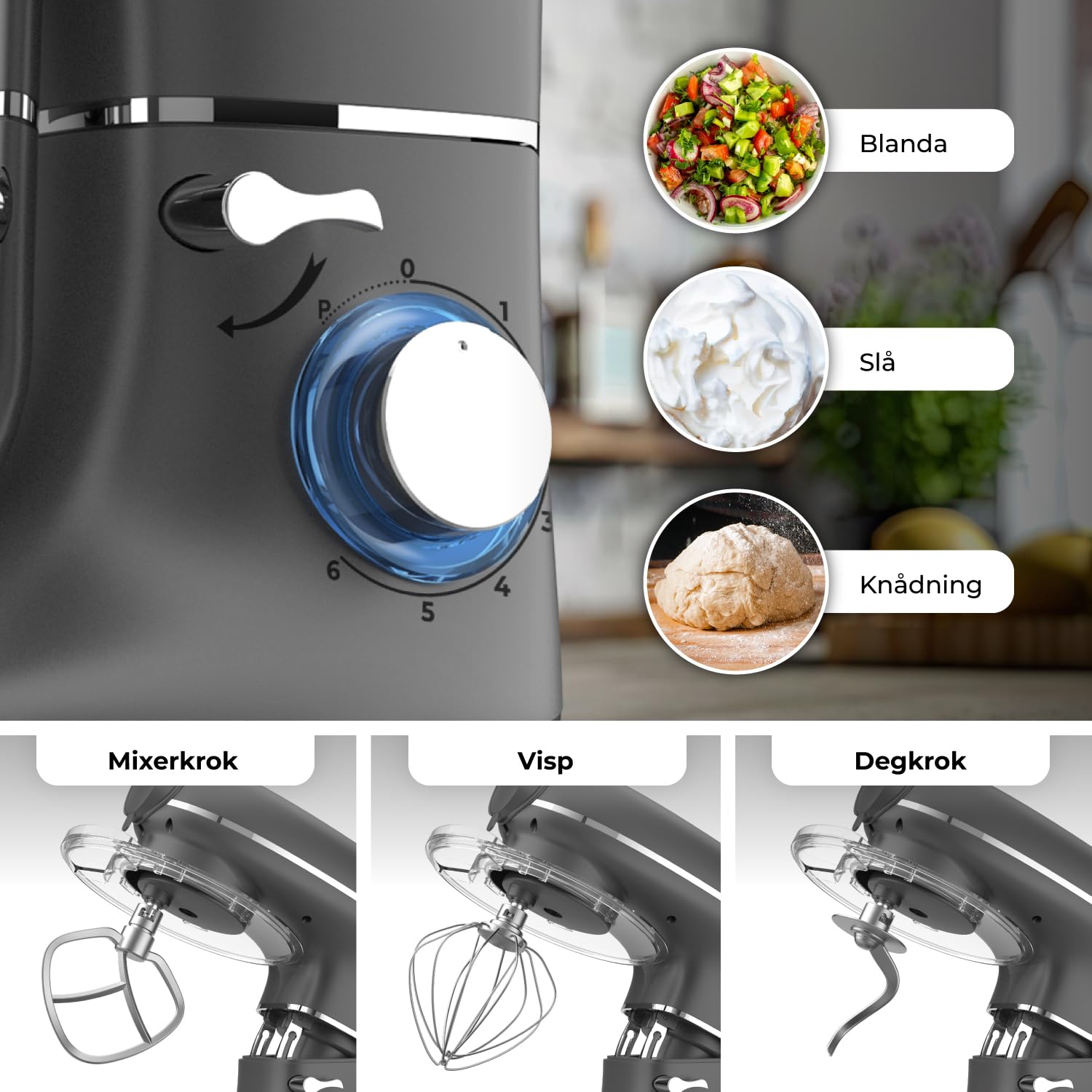 6 in 1 Matberedare – 2000W – Med Köttkvarn, 1,5L Blender,Grönsaksskärare och Extra Tillbehör – Köksmaskin med Mixerskål 6.2L, Omrörarkrok, Degkrok, Visp och Stänkskydd (Antracit)