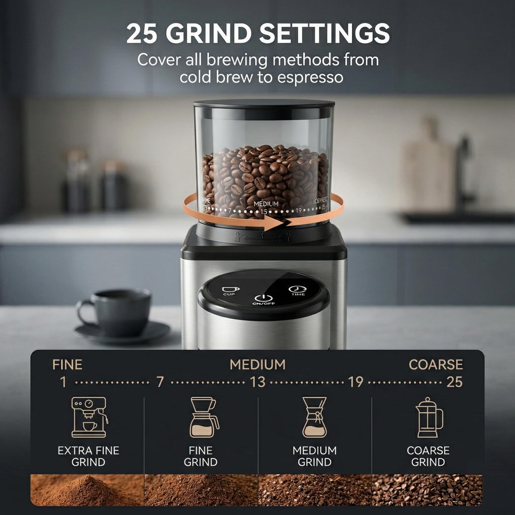 Elektrisk kaffekvarn för hemmet, konkvarn i rostfritt stål, 25 malgrader, tyst kaffekvarn för espresso, filterkaffe och mocka
