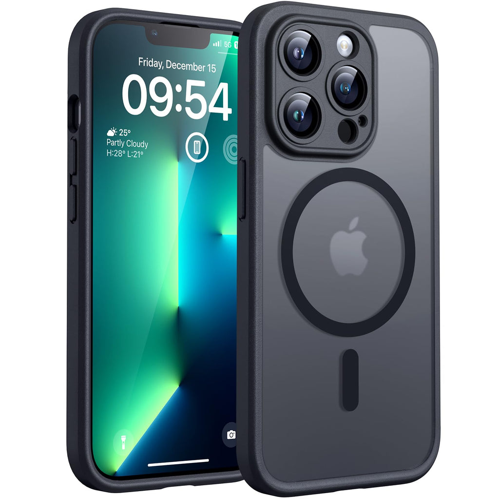 TOCOL Skal för iPhone 13 Pro, Kameraskydd, Integrerad Magnetring, Kompatibel med Magsafe, Fallskydd, Genomskinlig Matt Baksida, Svart Titan