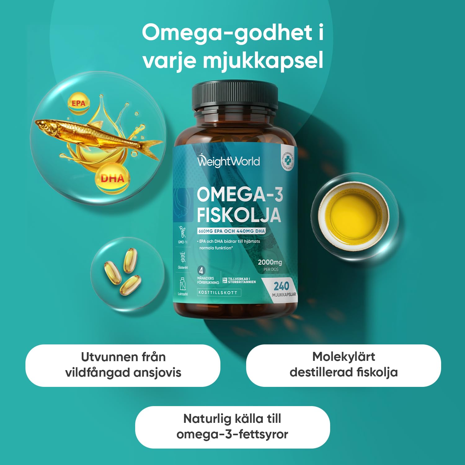 Omega 3-kapslar - 2000 mg fiskolja med 1100 mg omega-3, 660 mg EPA och 440 mg DHA per portion - 240 softgels - För hjärta, hjärna och blodtryck (EFSA) - WeightWorld