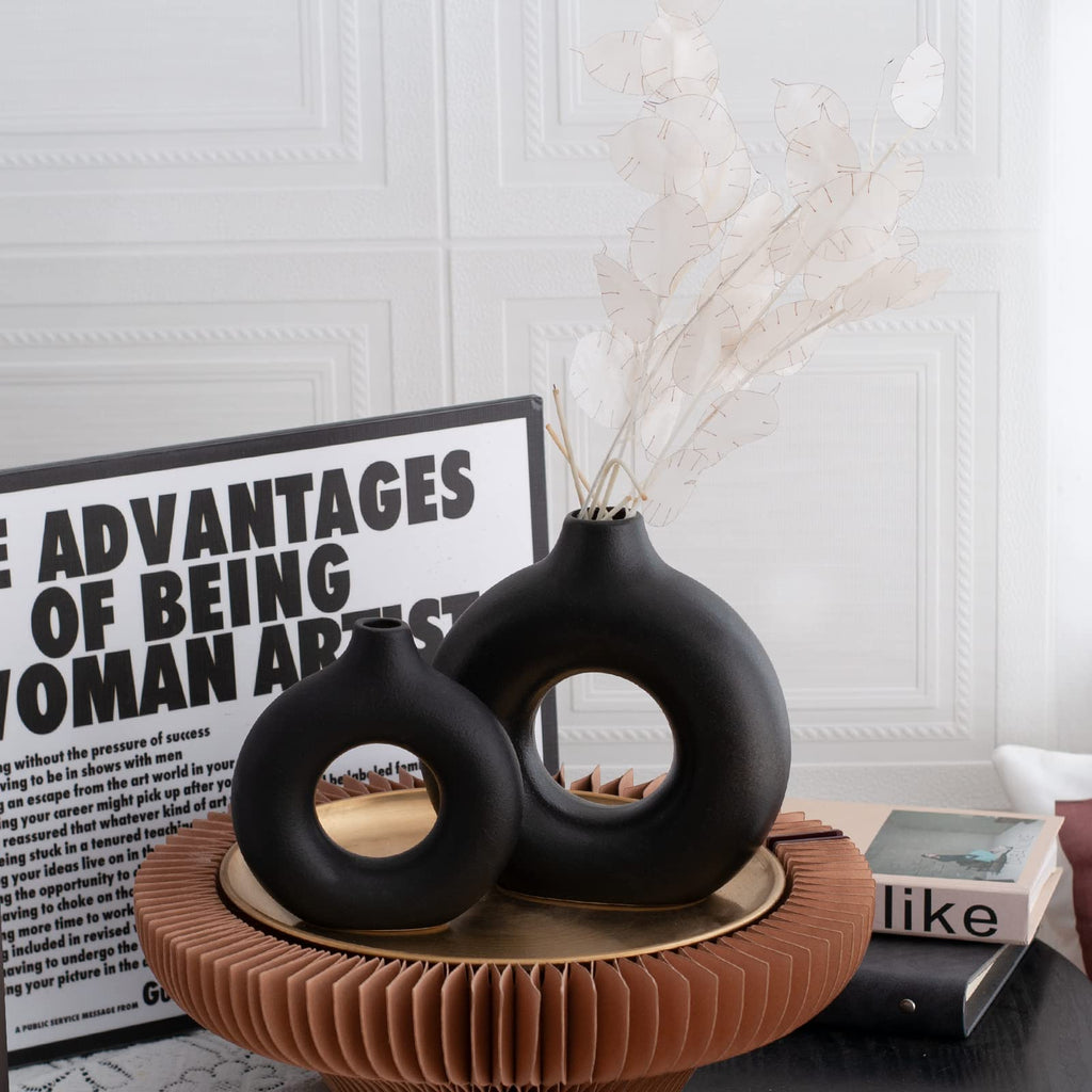 Set med 2 svarta donut keramiska vaser för modern heminredning, rund matt pampasgräs, Neutri bohemisk nordisk minimalism stil (stor och liten)