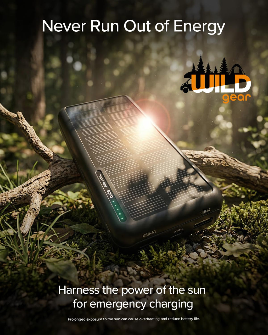 SBS Solar PowerBank, 10000mAh, Power Bank med Solpanel, Snabb Laddning, Intelligent Charge (IC), Status LED, USB-C, USB-A, Bärbar Reseladdare, Kompakt Design, Svart
