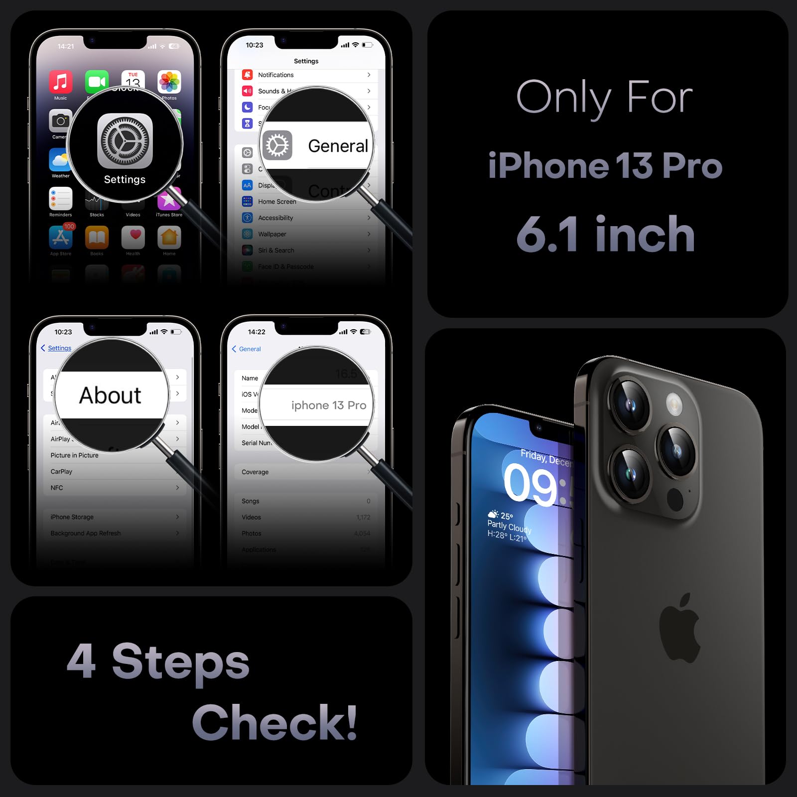TOCOL Skal för iPhone 13 Pro, Kameraskydd, Integrerad Magnetring, Kompatibel med Magsafe, Fallskydd, Genomskinlig Matt Baksida, Svart Titan