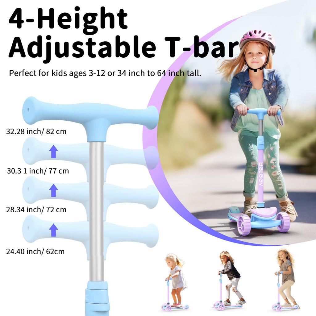 BELEEV A8 sparkcykel för barn 3–12 år, vikbar sparkcykel 3 hjul barn med LED-ljus, 4 höjder justerbar, halkfri däck, sparkcykel för barn och flickor, barngåva