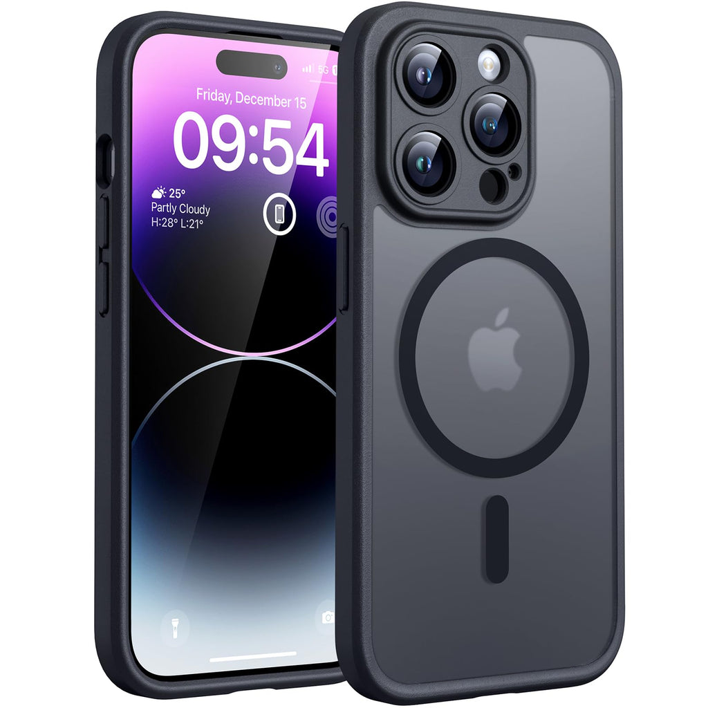 TOCOL Skal för iPhone 14 Pro, Kameraskydd, Integrerad Magnetring, Kompatibel med Magsafe, Fallskydd, Genomskinlig Matt Baksida, Svart Titan