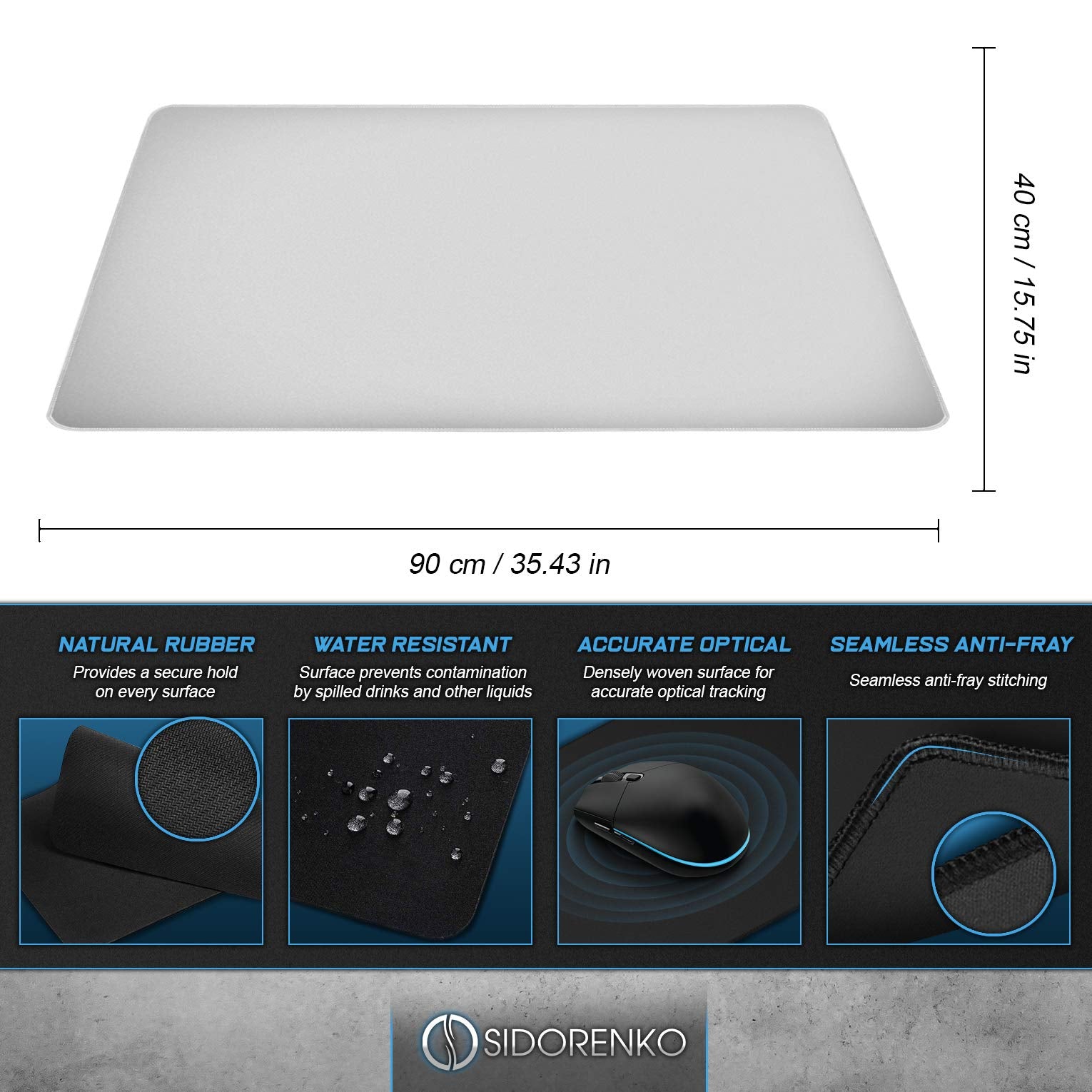Sidorenko XXL Gaming Mouse Pad - 900 x 400 mm - kantfria kanter - halkfri - XXL förlängd musmatta - skrivbordsunderlägg - speciell yta förbättrar snabbhet och precision - vit