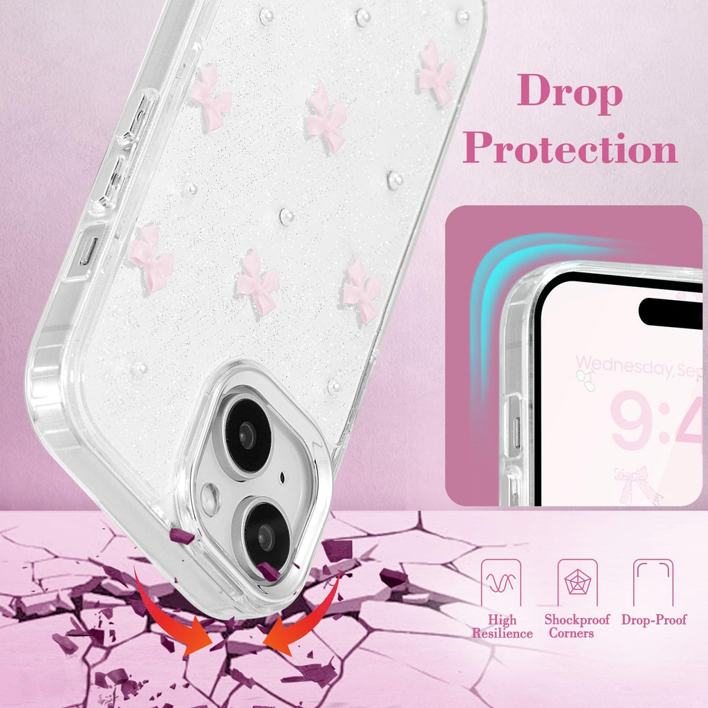 EYZUTAK Skal för iPhone 13/iPhone 14, glittrigt 3D-rosettskal, söt, gnistrande, kristallklar design, tunt, mjukt och hållbart genomskinligt TPU-skal, rosa rosett