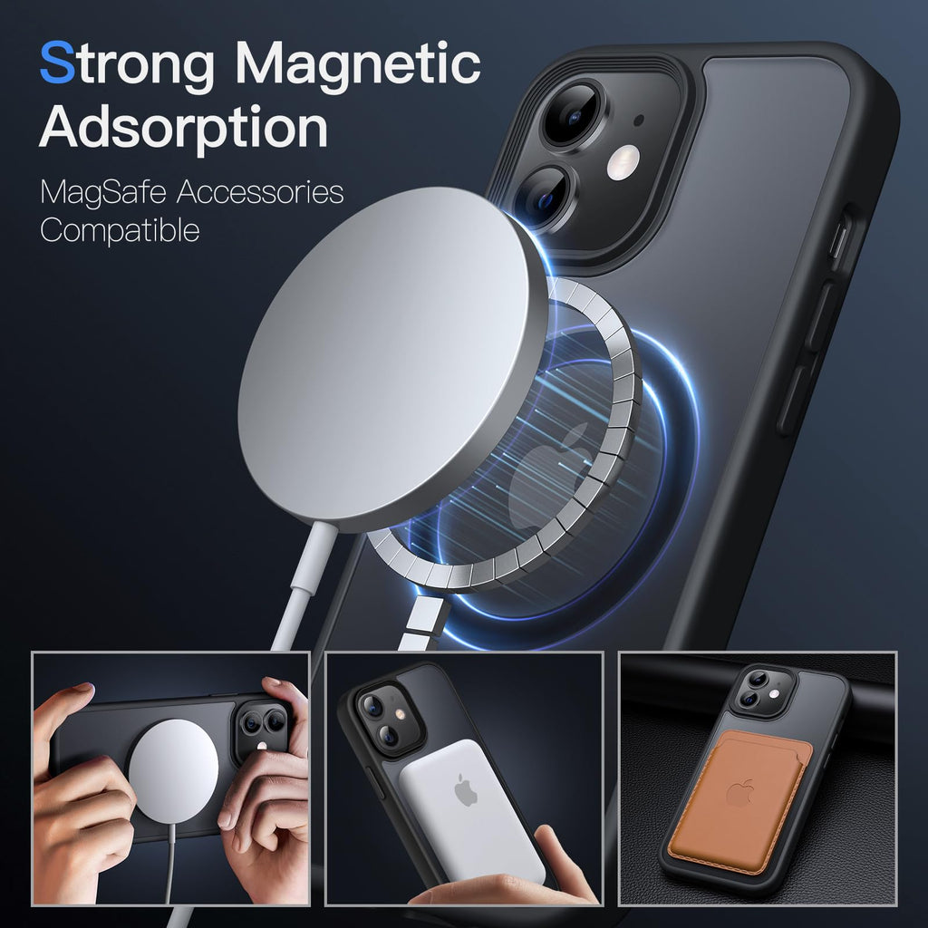 JETech Magnetisk Skal för iPhone 12/12 Pro 6,1 Tums Kompatibelt med MagSafe, Genomlysande Matte Tillbaka Smal Stötsäker Case (Svart)