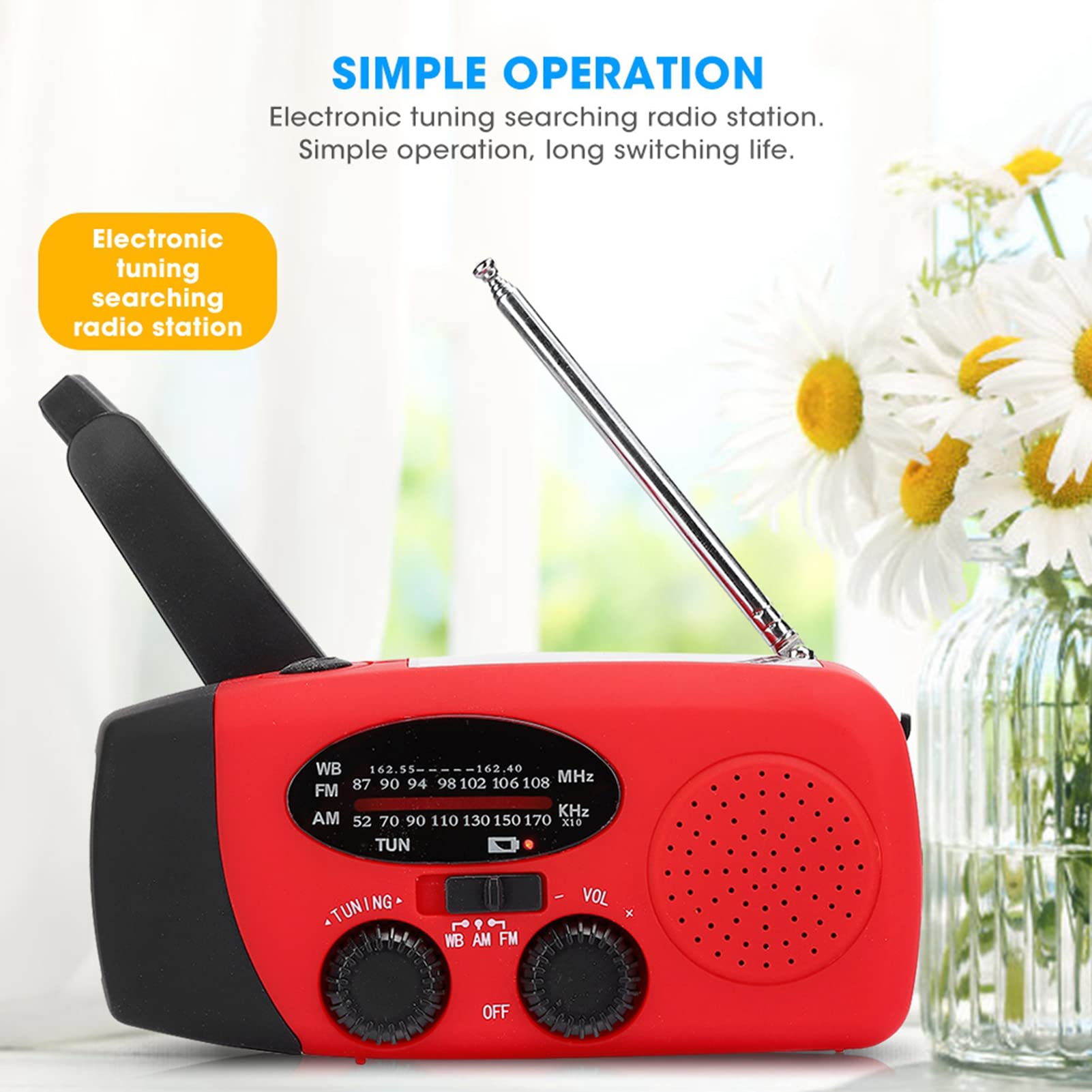 Emergency Solar Hand Crank Radio med AM, FM, NOAA Weather Alert, 1200mAh Power Bank, LED -ficklampa och Telefonladdare, Bärbar överlevnadsutrustning för Utomhuscamping