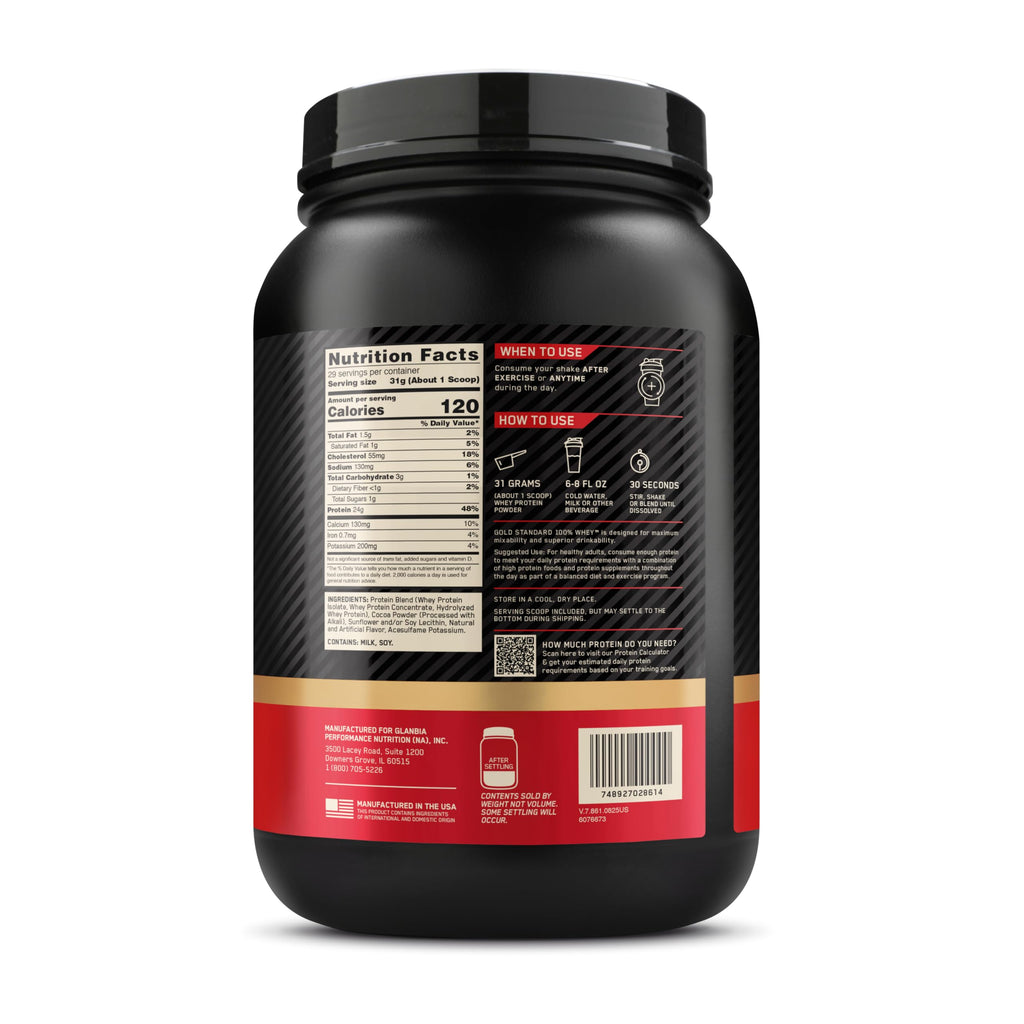 Optimum Nutrition Gold Standard 100% Whey Vassleprotein, Double Rich Chocolate, 899g, 29 Portioner, Förpackningen Kan Variera