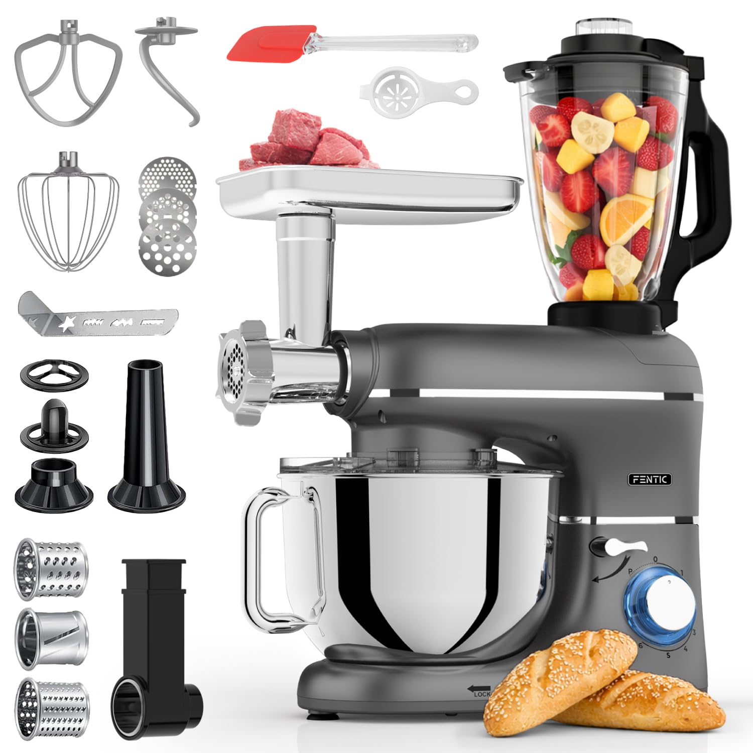6 in 1 Matberedare – 2000W – Med Köttkvarn, 1,5L Blender,Grönsaksskärare och Extra Tillbehör – Köksmaskin med Mixerskål 6.2L, Omrörarkrok, Degkrok, Visp och Stänkskydd (Antracit)