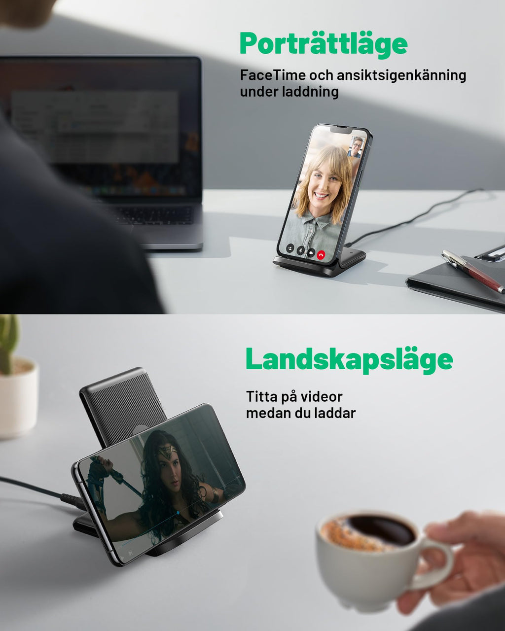 INIU Trådlöst Laddningsstativ, 15W Snabb Laddning, Induktiv Laddningsstation med Självinduktiv LED, Trådlös Laddare för iPhone 17 16 15 14 13 12 Pro Max XR Samsung S24 S23 Google Pixel