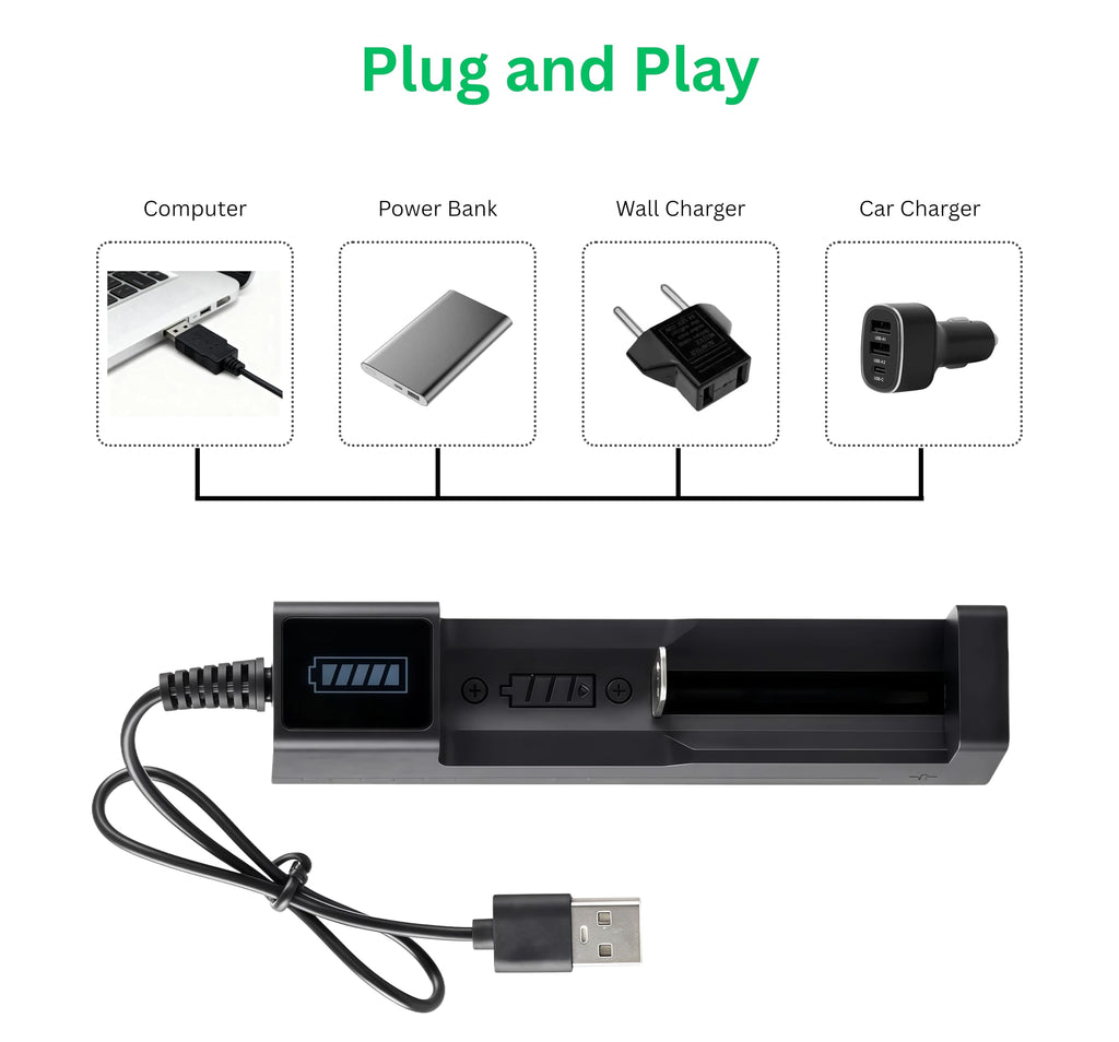 Chargeur USB pour Batteries 18650/17670 / 14500/16340 | Chargeur à un Emplacement pour Batteries 3.7V