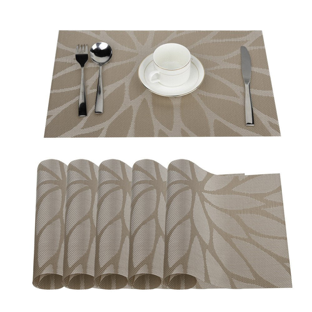 Fontisk uppsättning av 6 bordsunderlägg 30 x 45 cm, halkfria, tvättbara, PVC-bordsmattor, rivsäkra, värmebeständiga, smutsavvisande och tvättbara bordsunderlägg för kök, matbord kaki